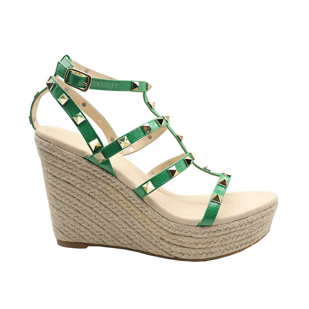Rivets green sheepskin Espadrille Wedges