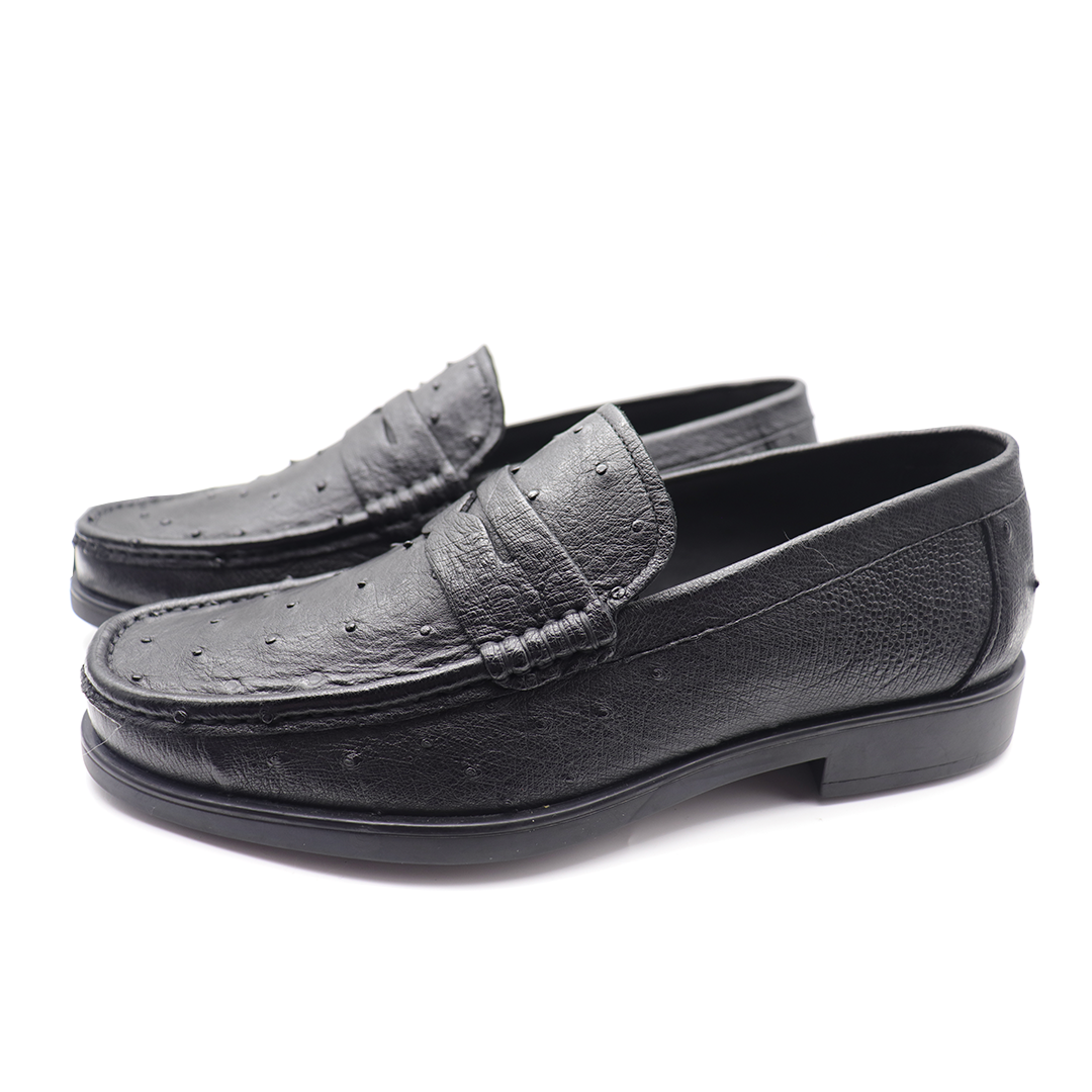 Men's Black Ostrich Leather Classic Penny Loafer Moccasin