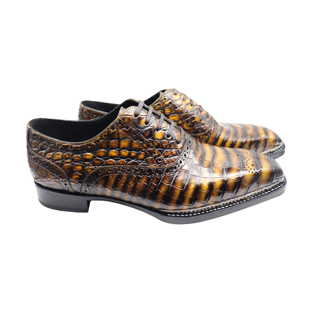 men's black orange alligator leather Oxfords |men's Norvegese Burnished black orange alligator leather Oxfords