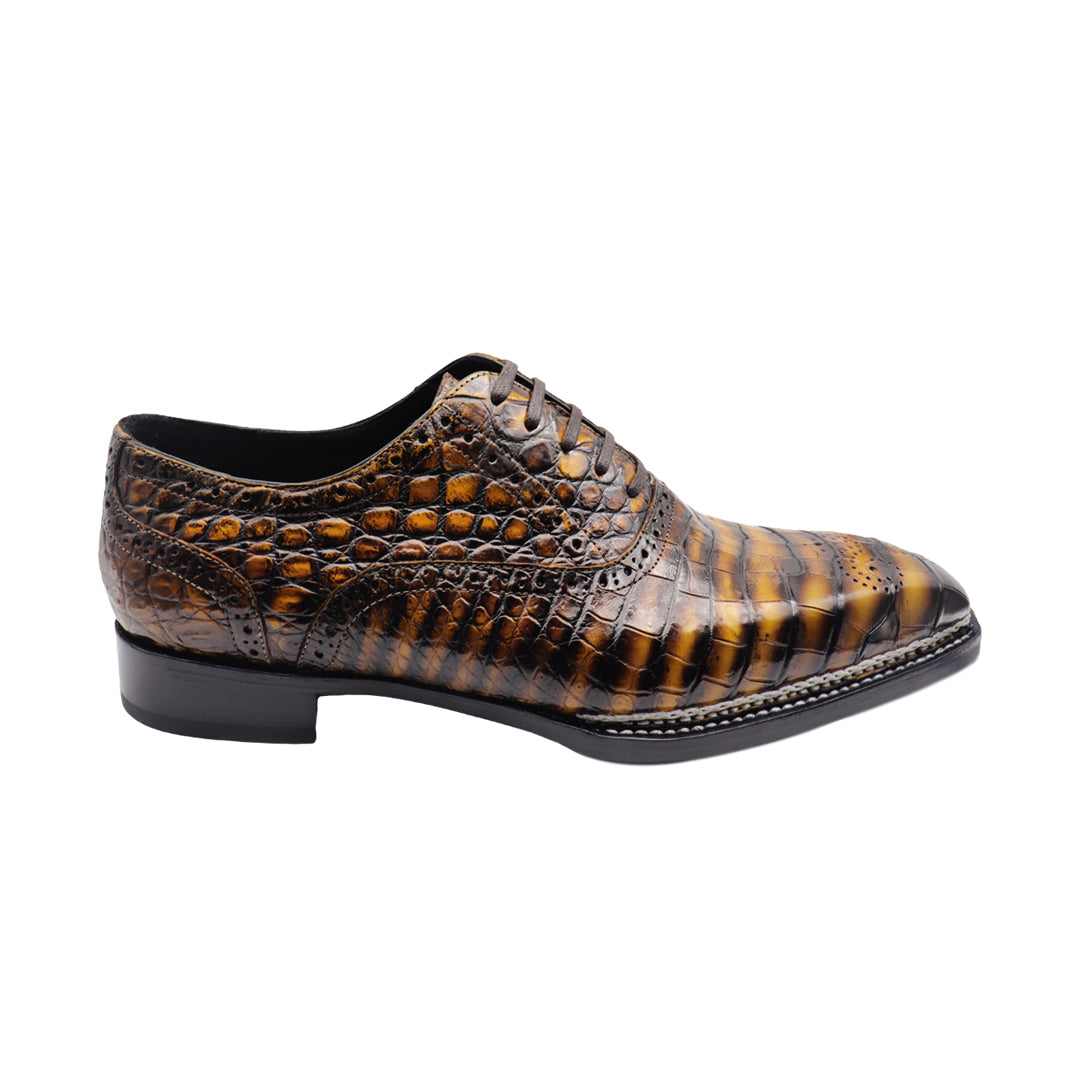 men's black orange alligator leather Oxfords |men's Norvegese Burnished black orange alligator leather Oxfords