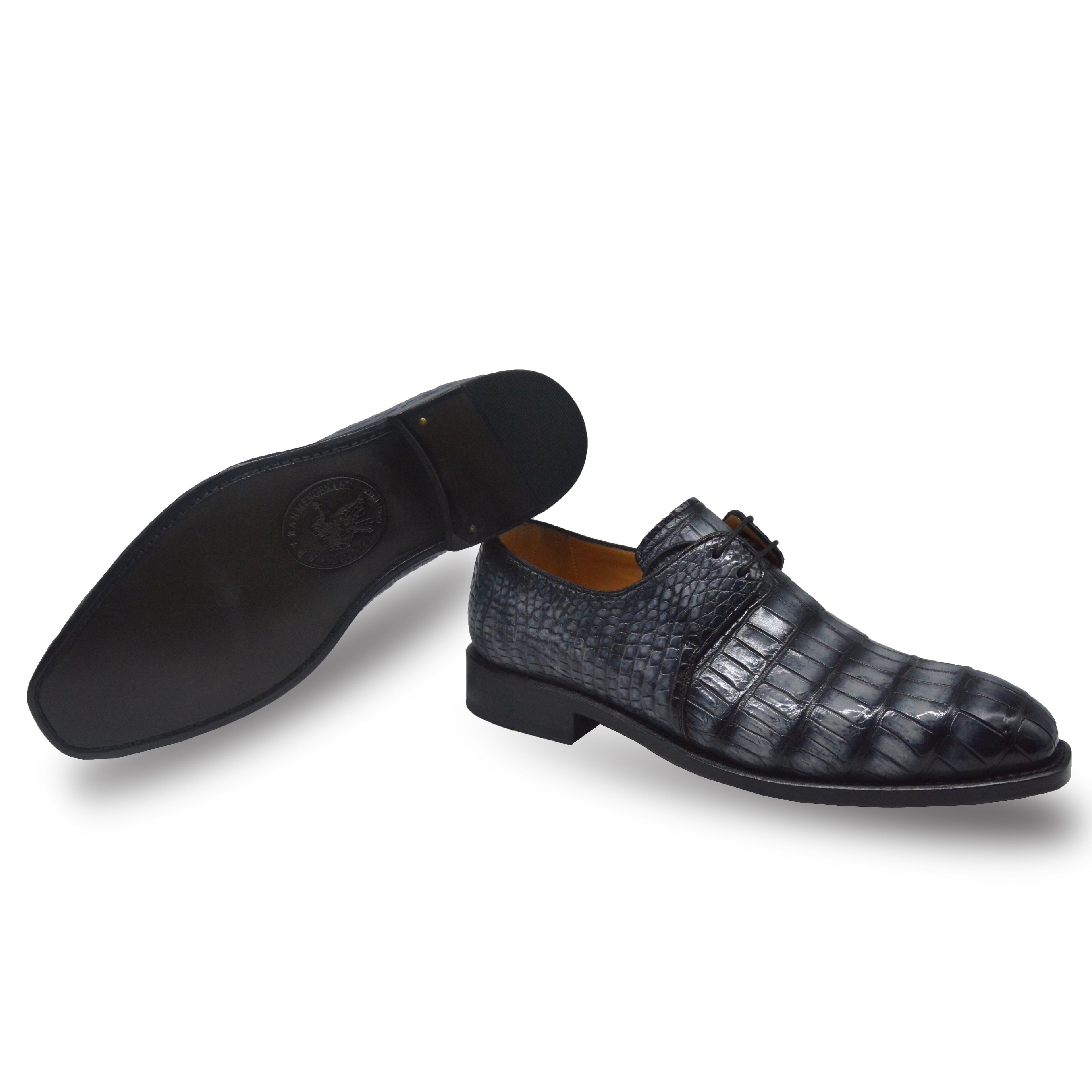 Black Grey Plain Toe Lace Up Derby's Alligator Leather Goodyear Welt Oxfords