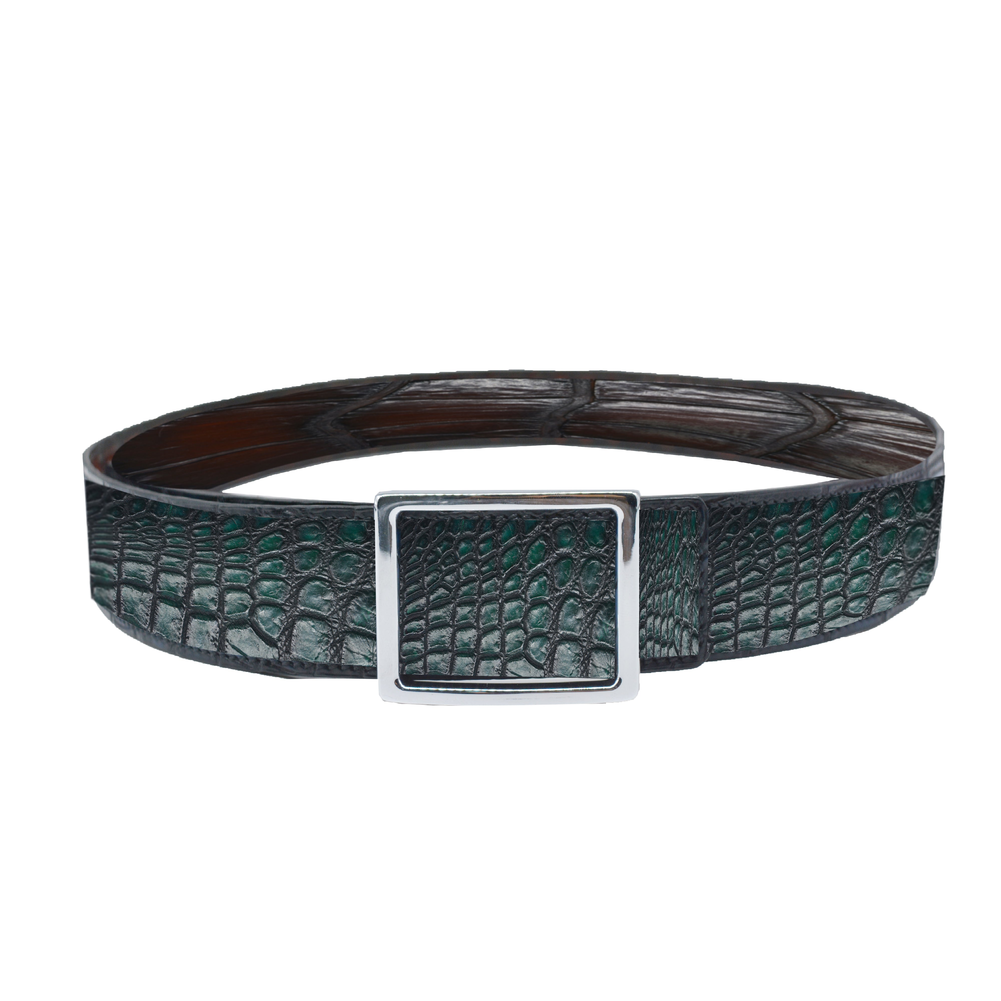 Reversible double alligator leather dark green and tan belt