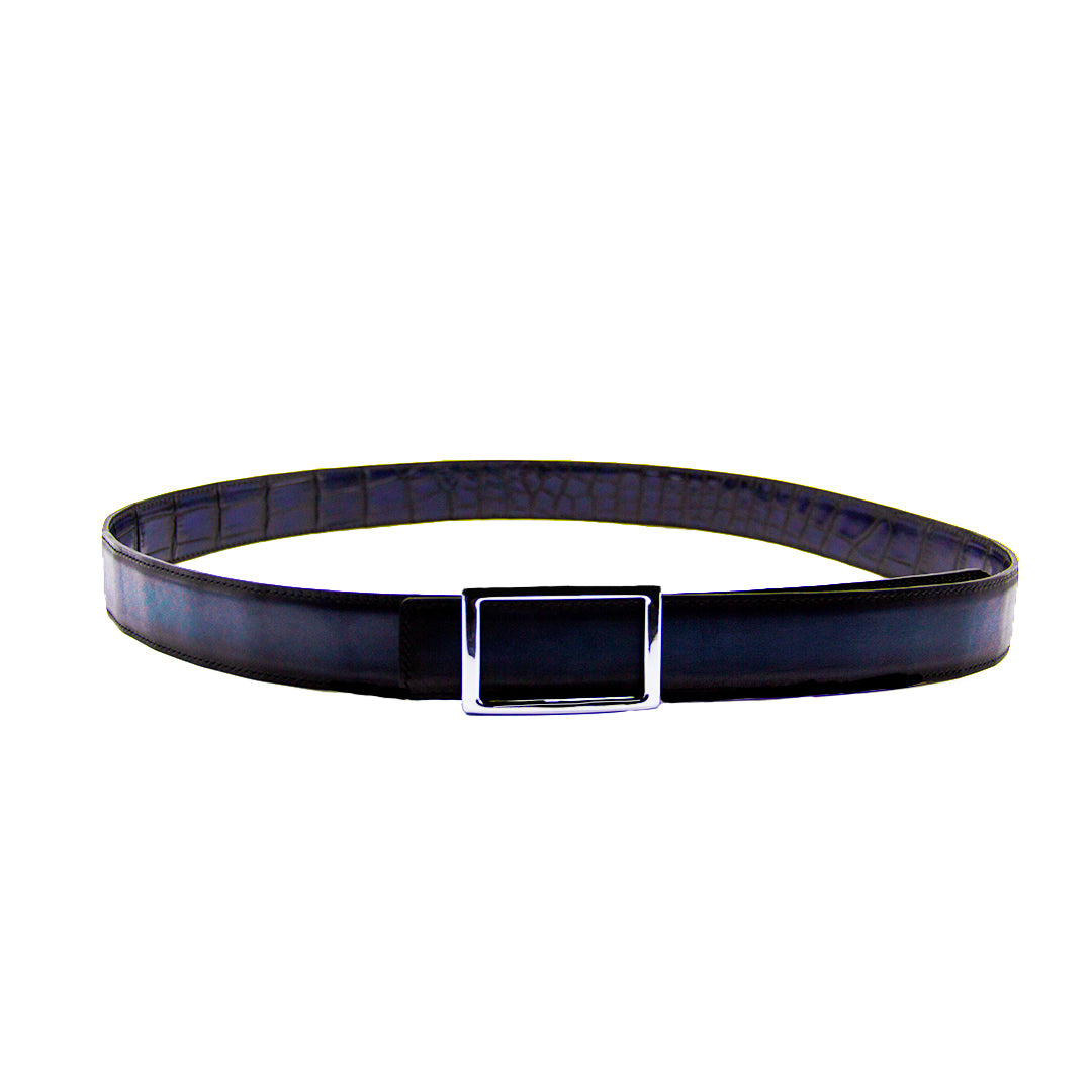Reversible double alligator and calfskin leather blue belt