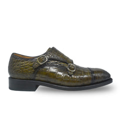 Olive Green Alligator Double Monk Goodyear Welt Loafers