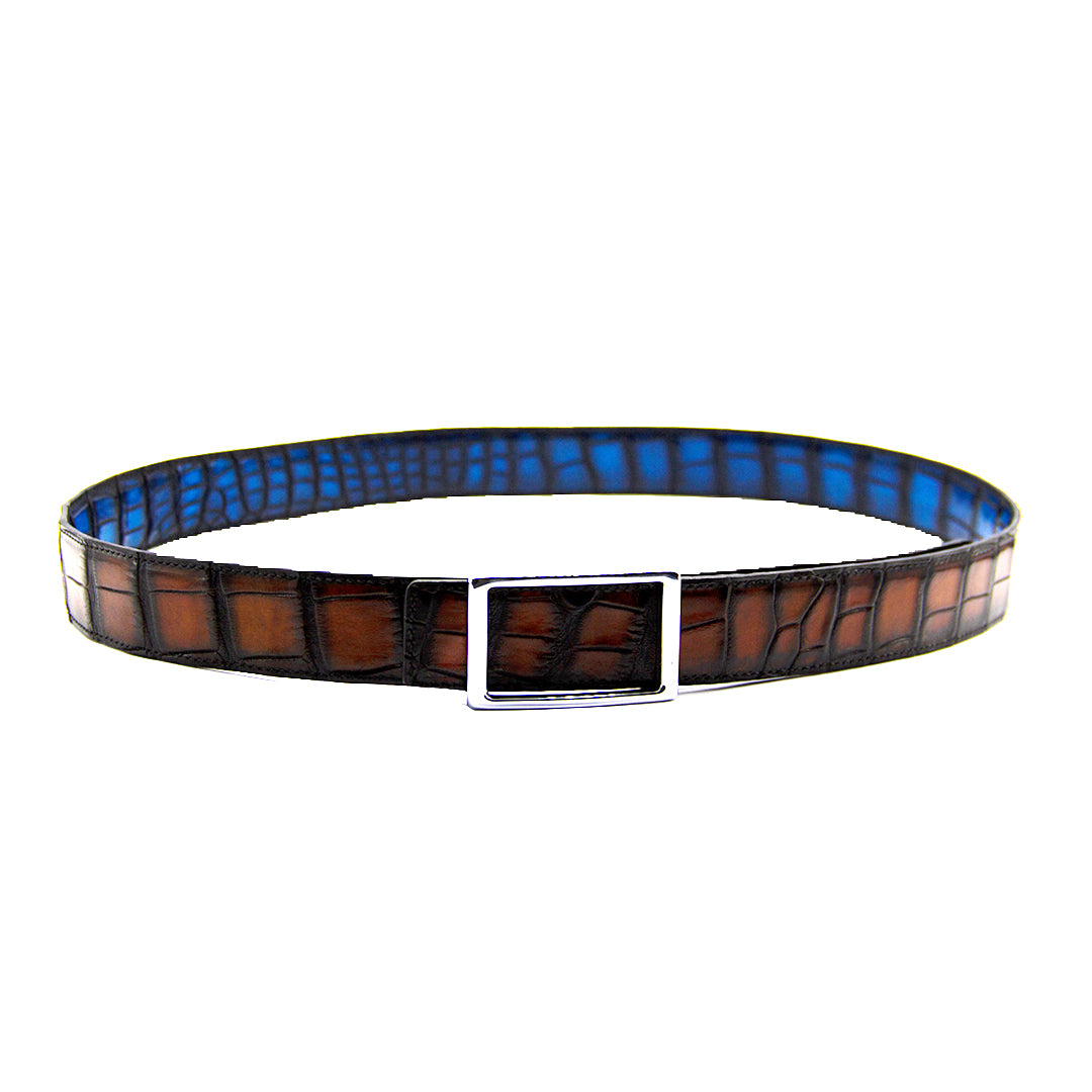 Reversible double alligator leather blue and coffee belt