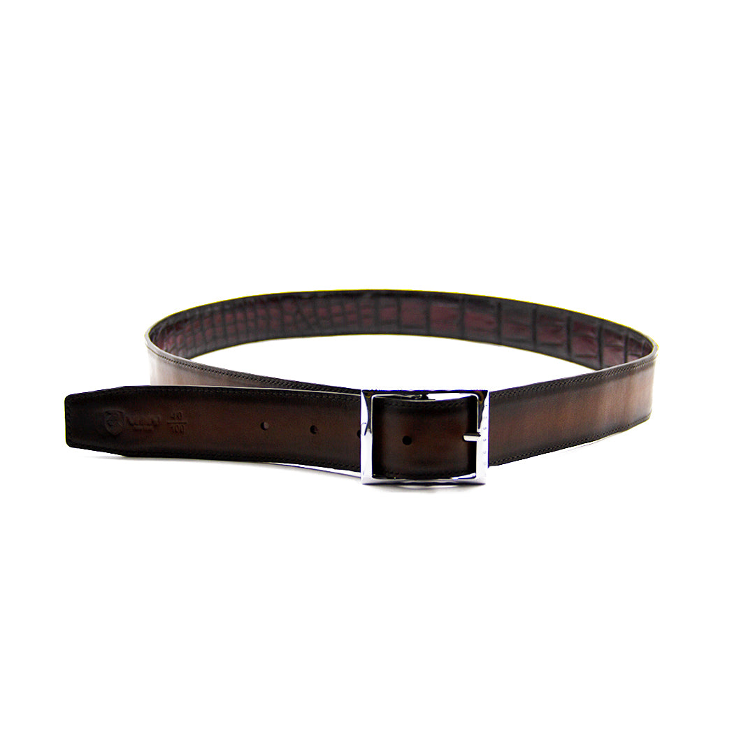 Reversible double alligator and calfskin leather brown belt