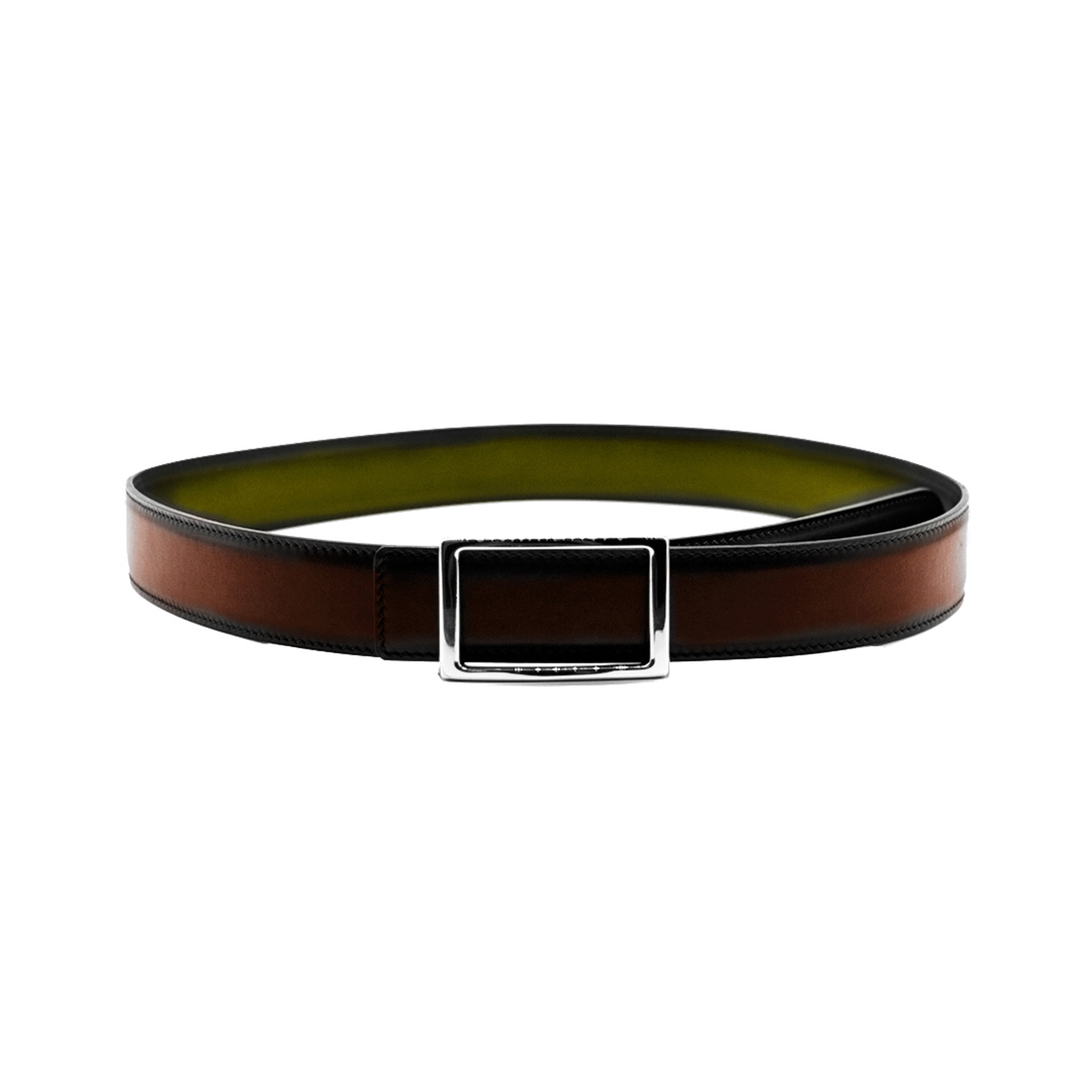 Reversible double calfskin leather brown and yellow-green belt
