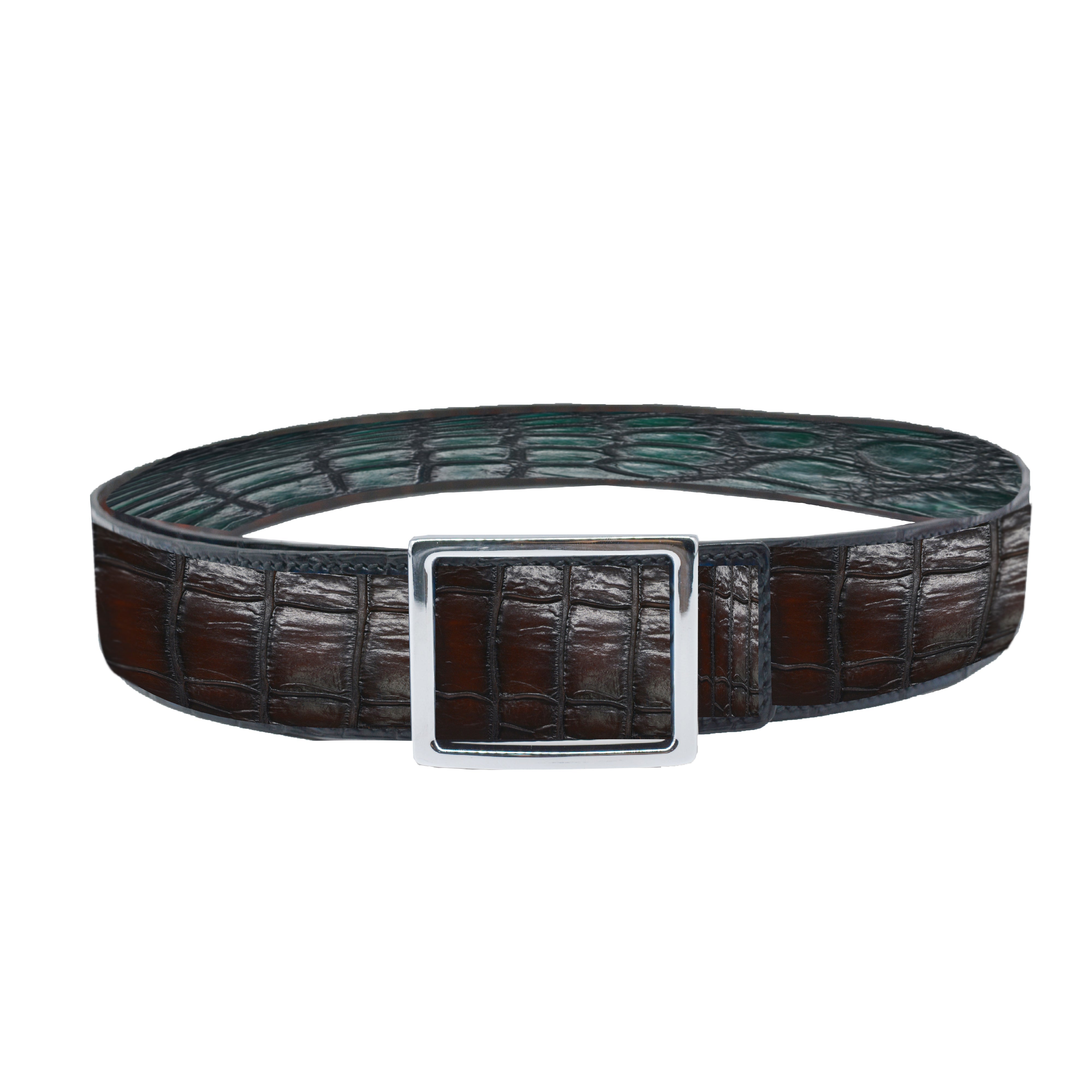 Reversible double alligator leather dark green and tan belt