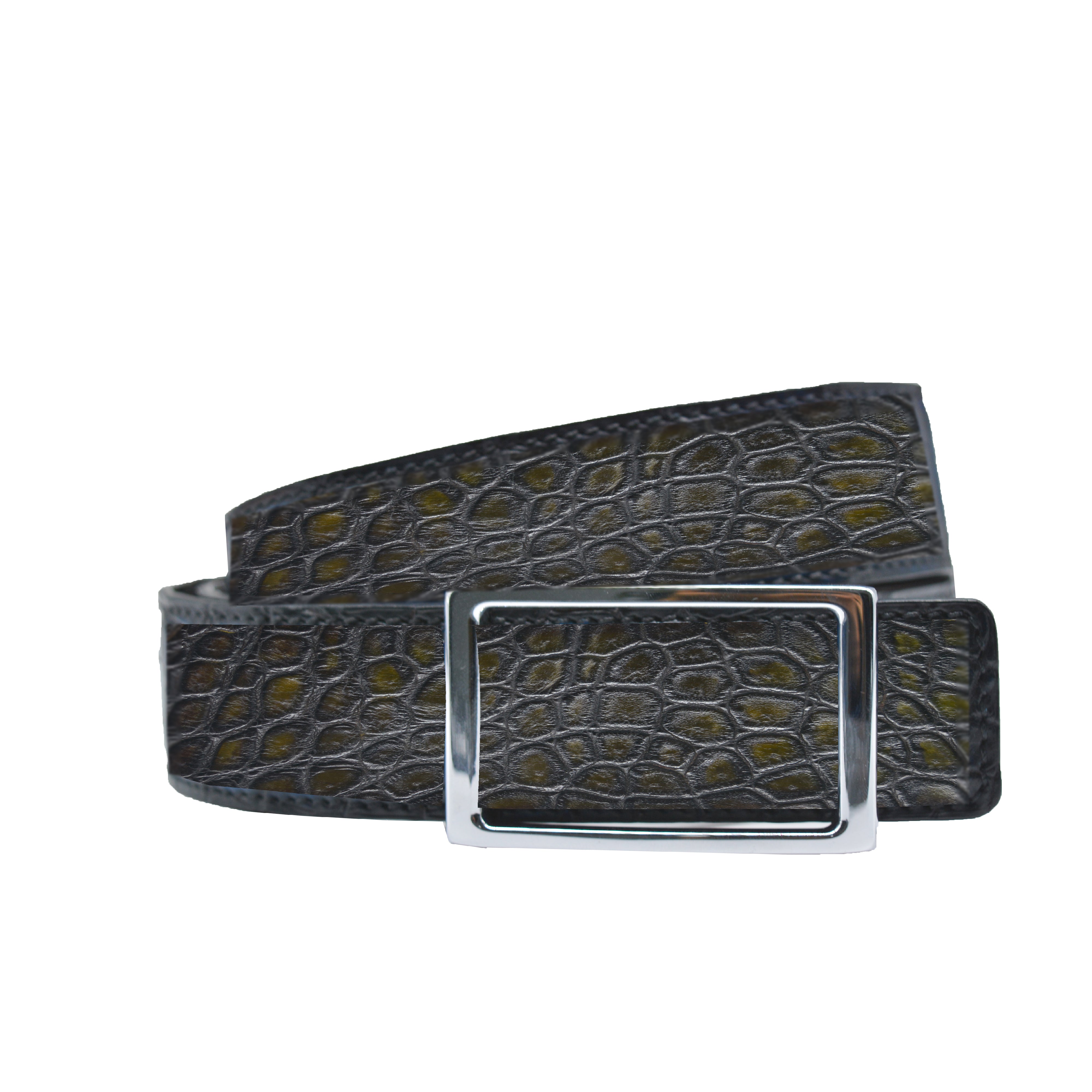 Reversible double alligator leather Dark green and greenish brown belt