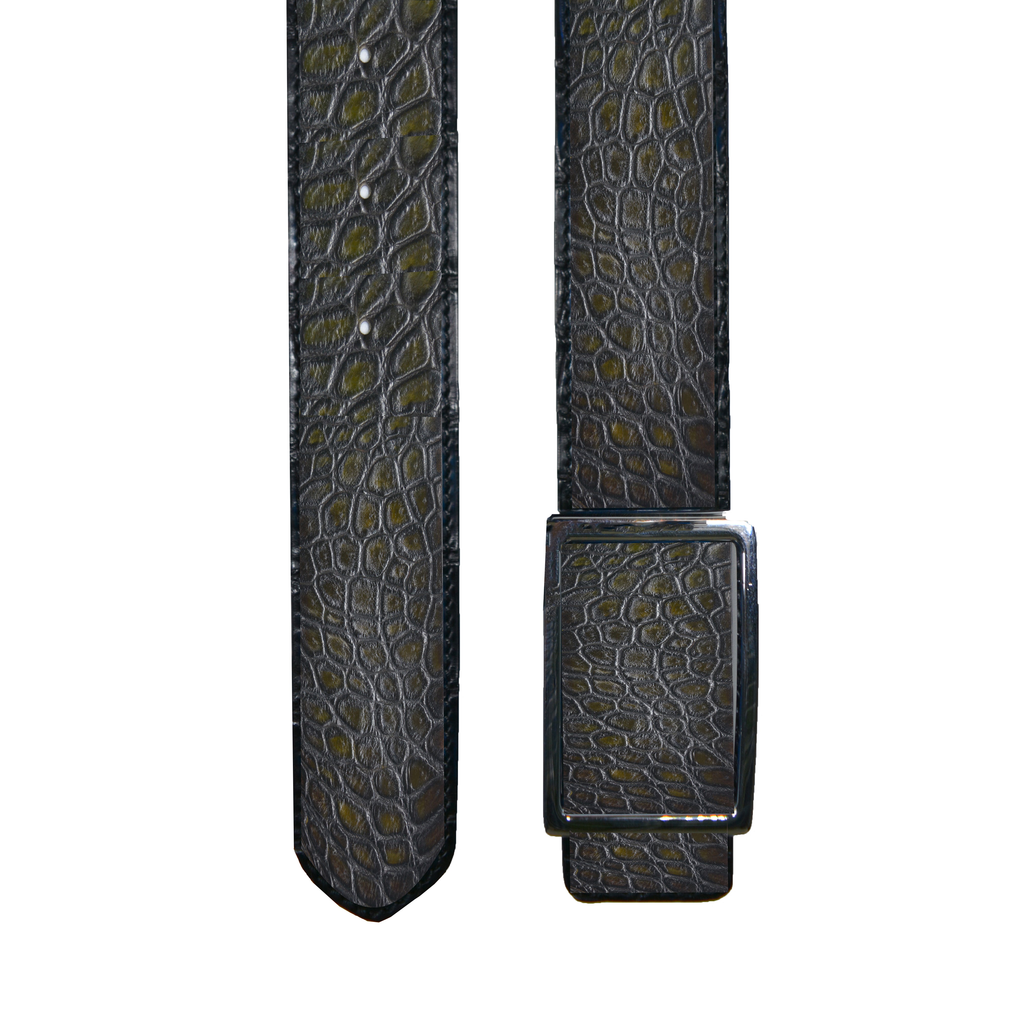 Reversible double alligator leather Dark green and greenish brown belt