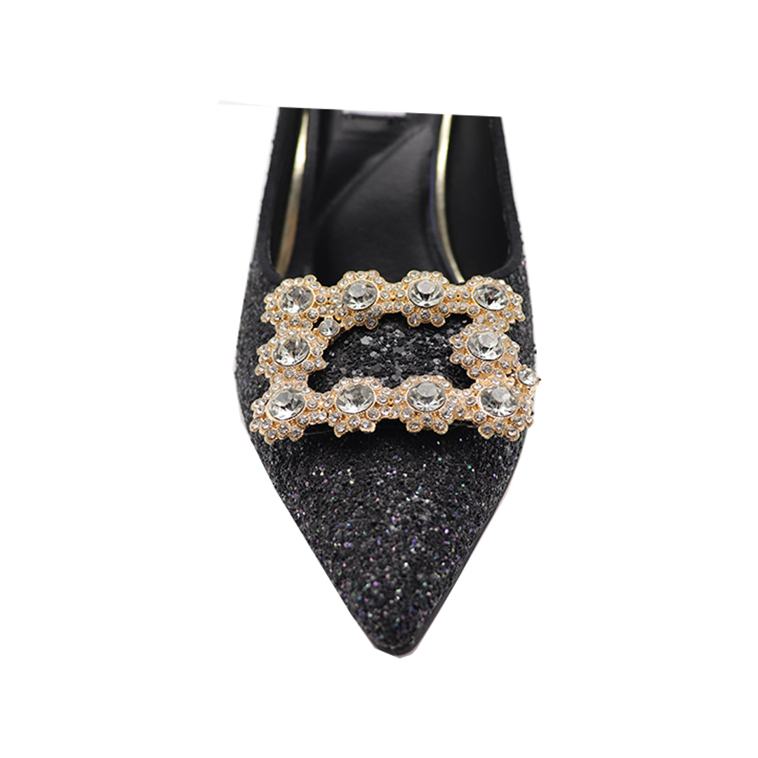 Stylish Black Gretel Leather Glittery Pointy Toe Heels