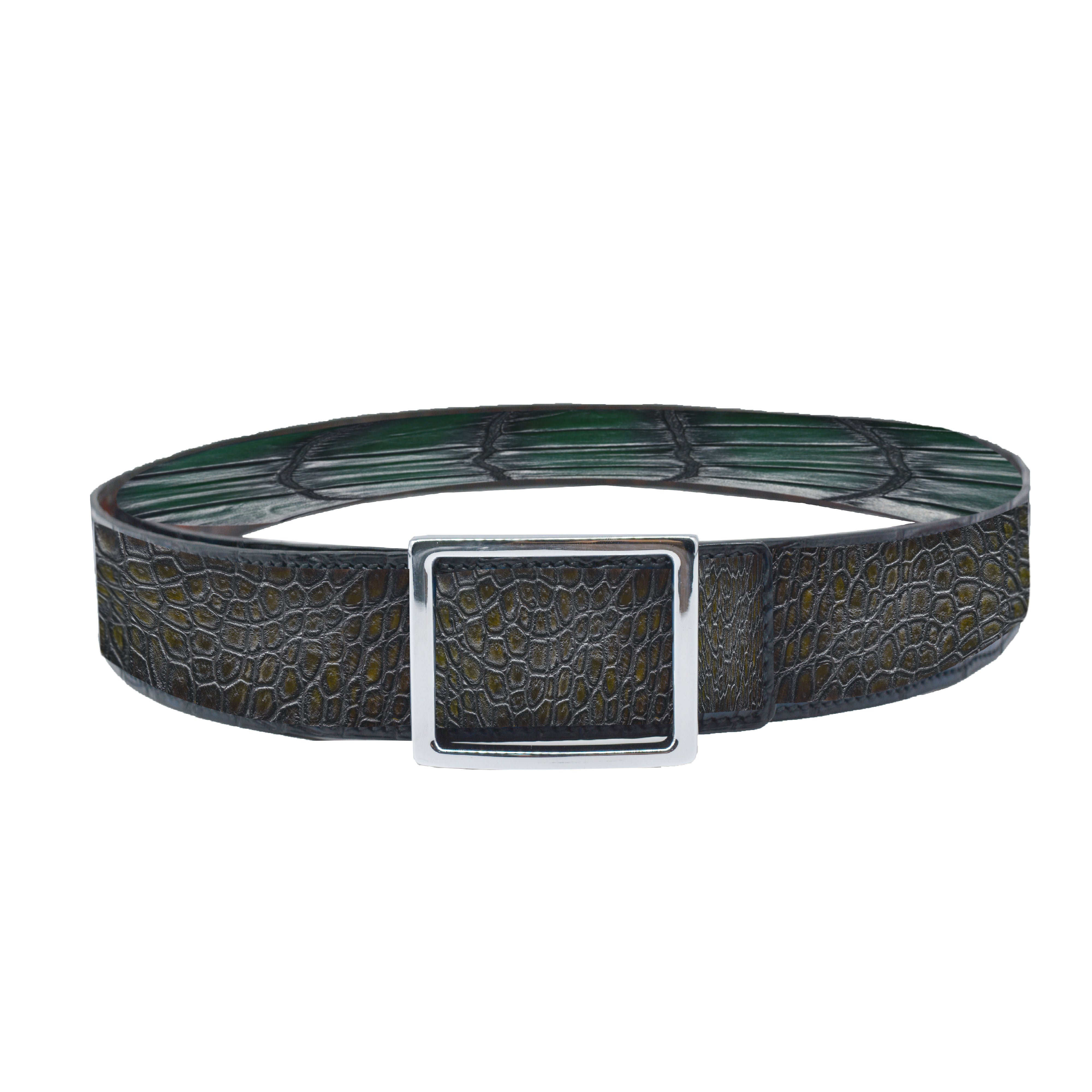Reversible double alligator leather Dark green and greenish brown belt