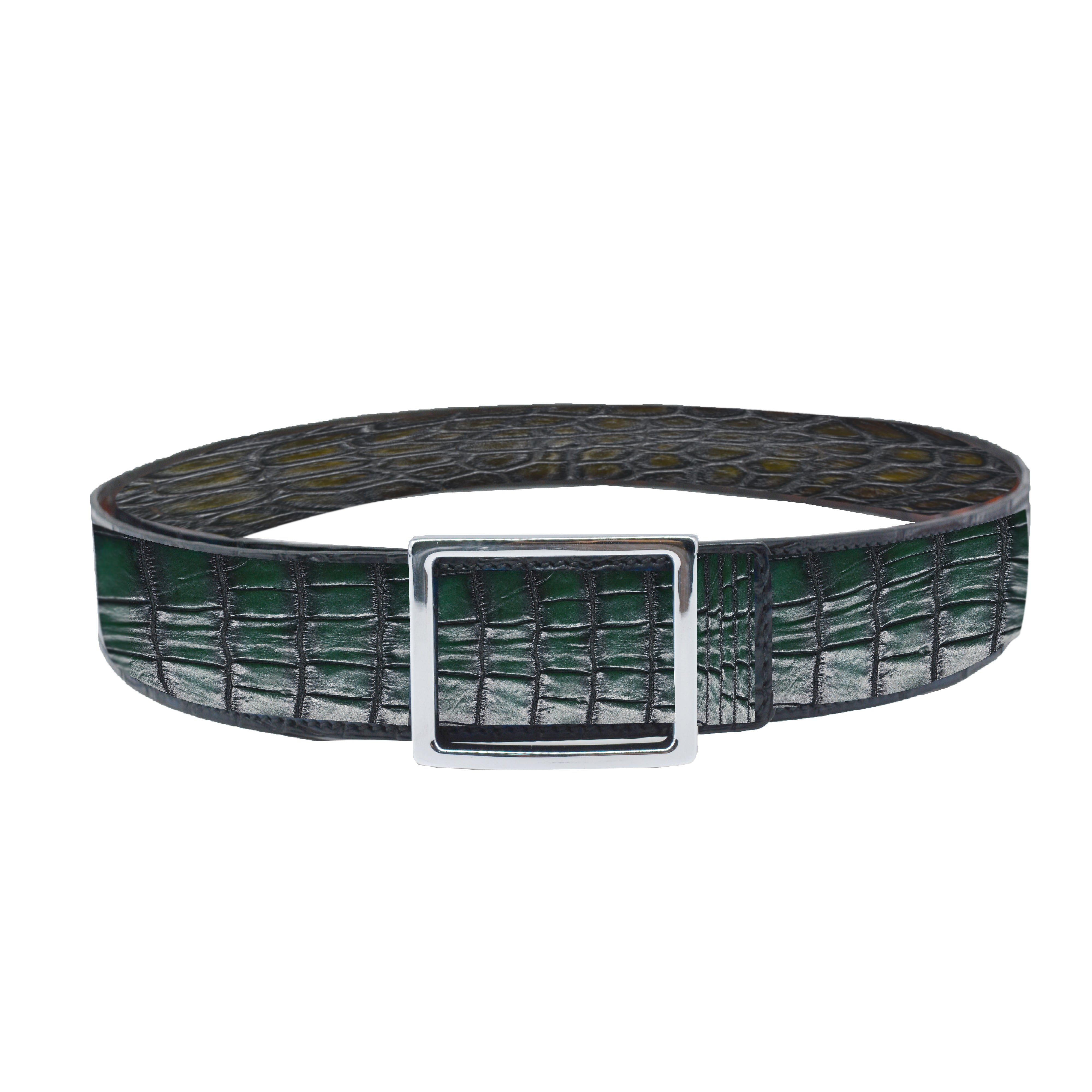Reversible double alligator leather Dark green and greenish brown belt