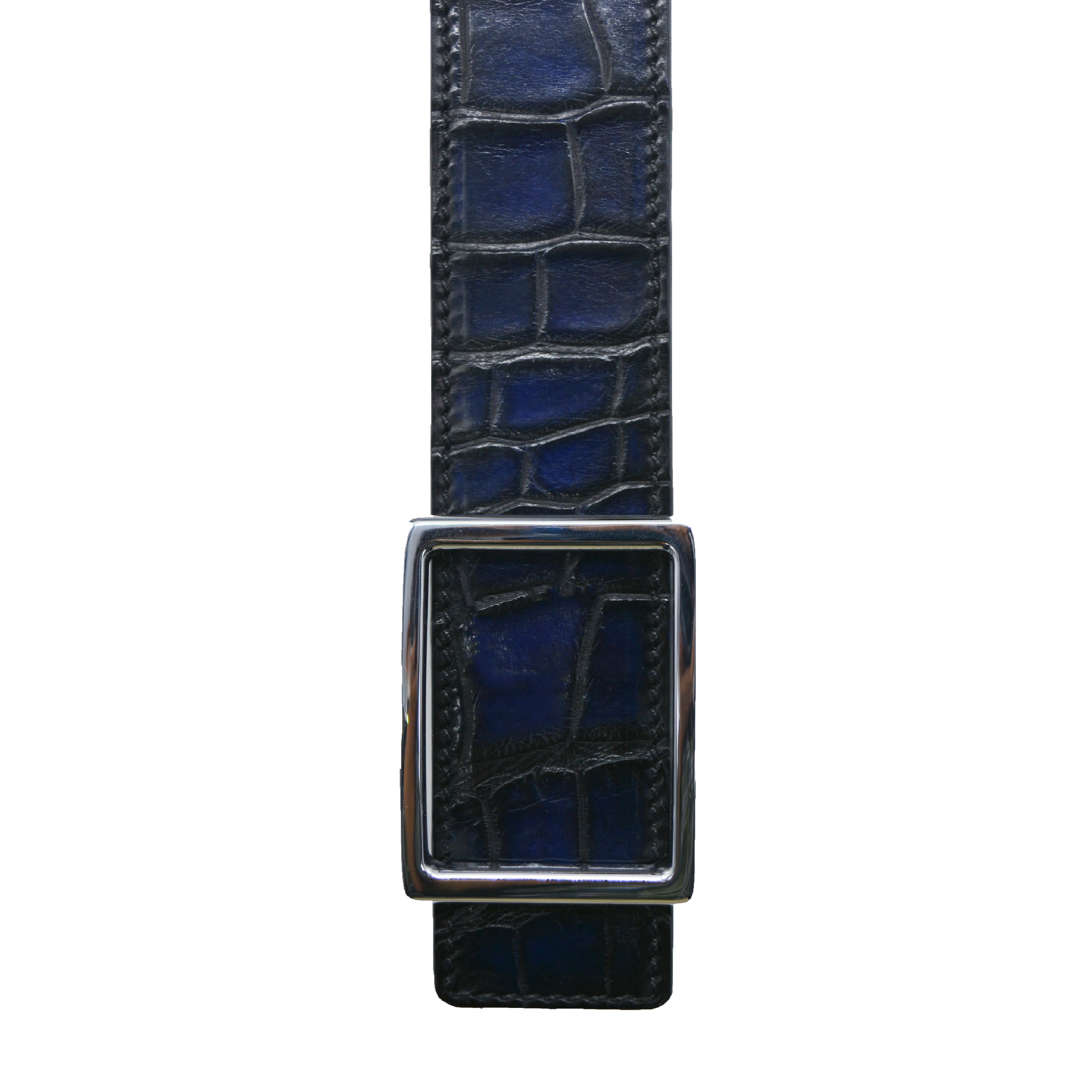 Reversible double alligator and calfskin leather blue belt