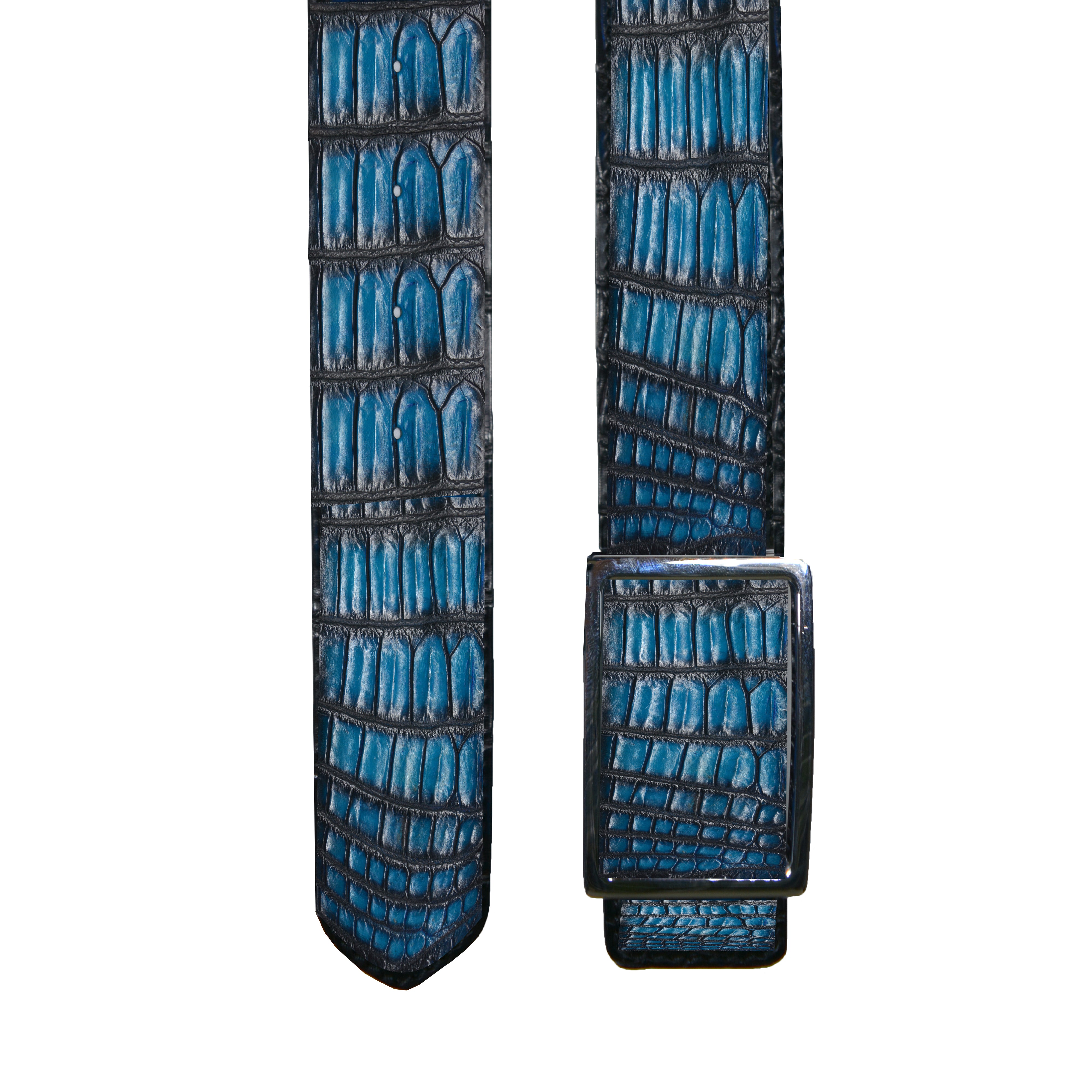 Reversible double alligator leather blue and grey belt