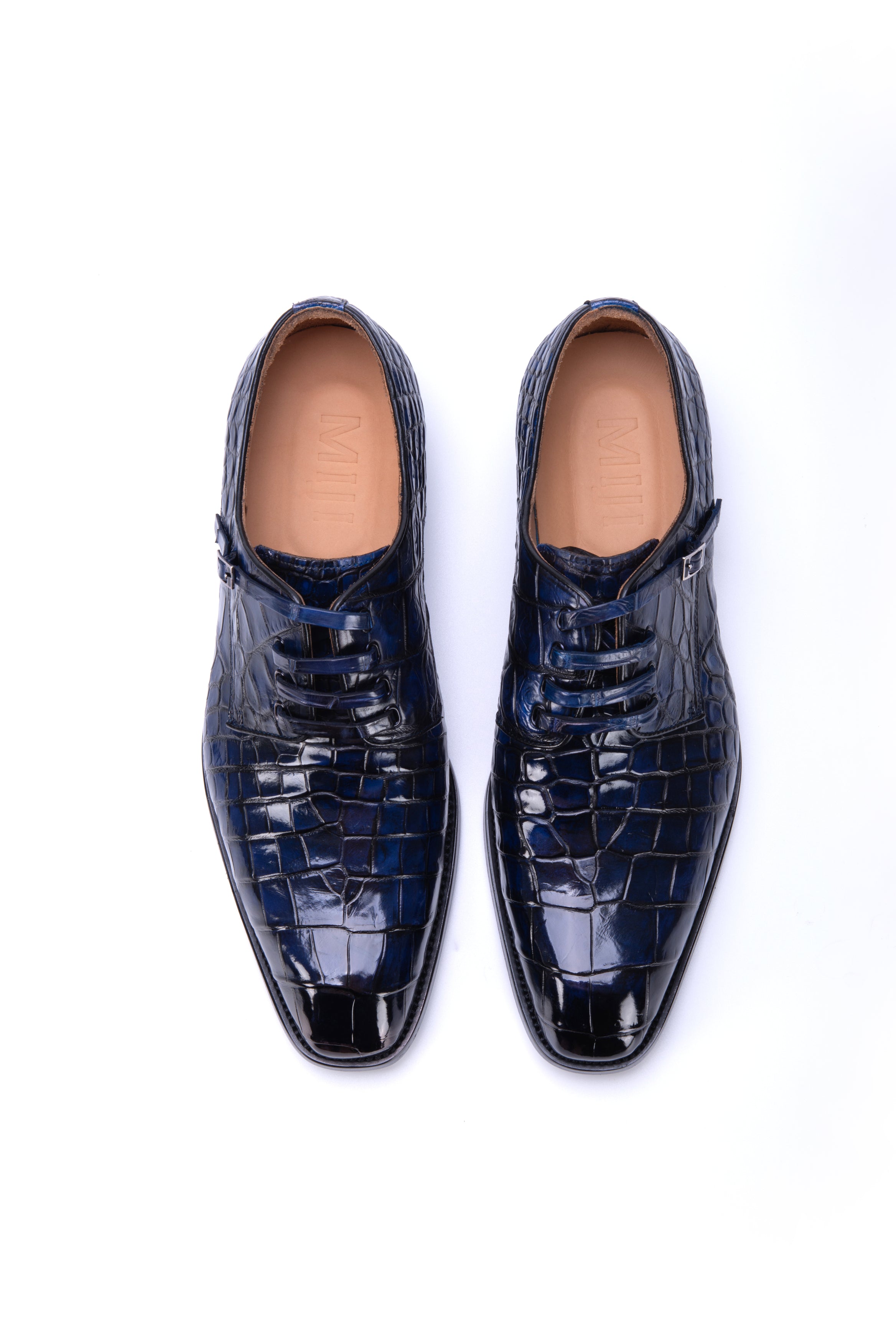 MEN'S BLUE ALLIGATOR SHOES - WONDER BLUE EXOTIC ALLIGATOR BODY OXFORDS