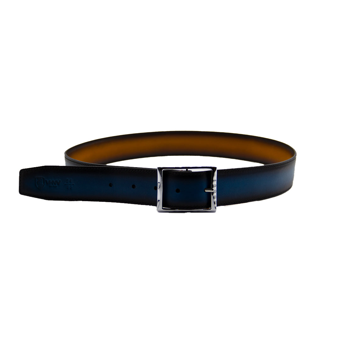 Reversible double calfskin leather brown and blue belt