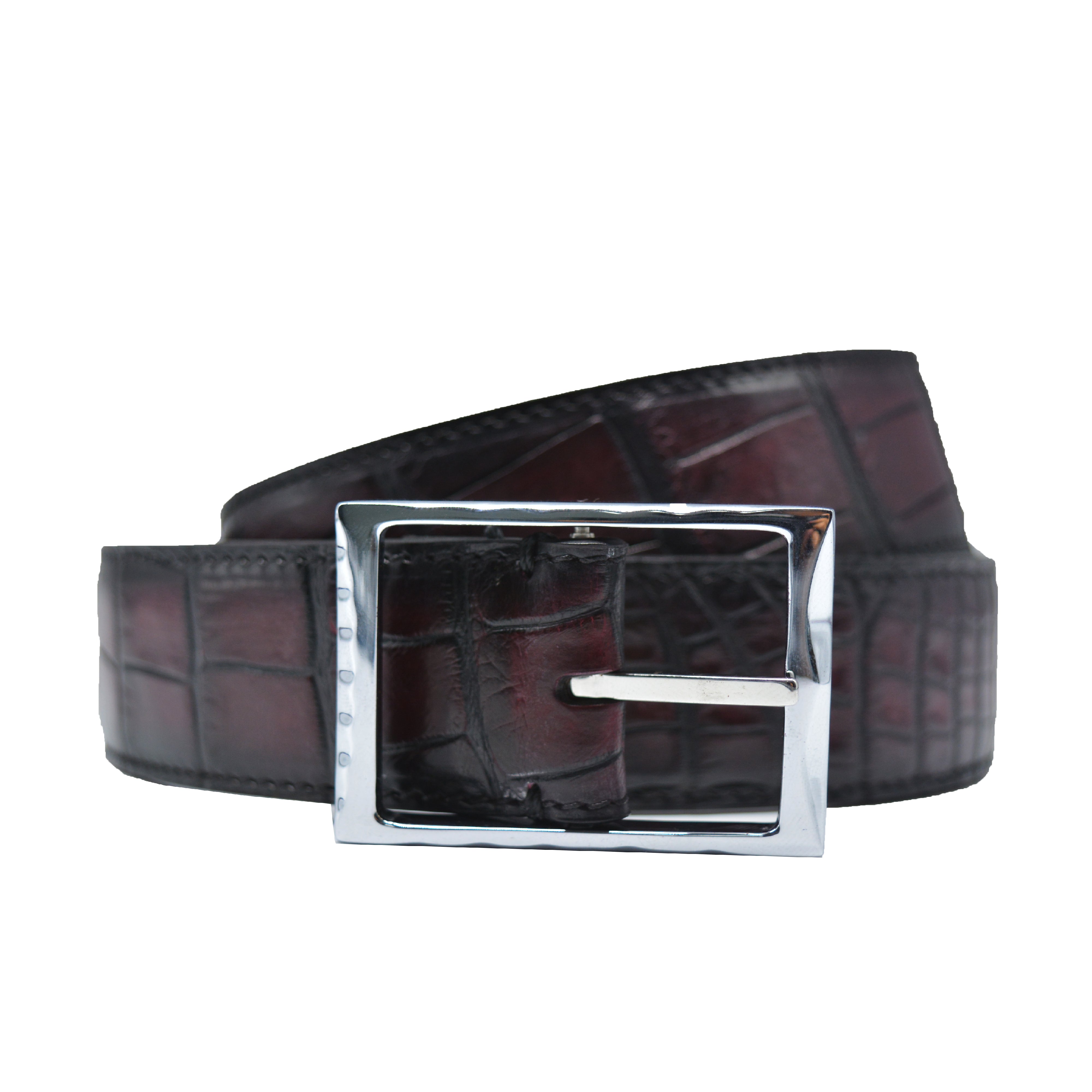 Reversible double alligator and calfskin leather brown belt