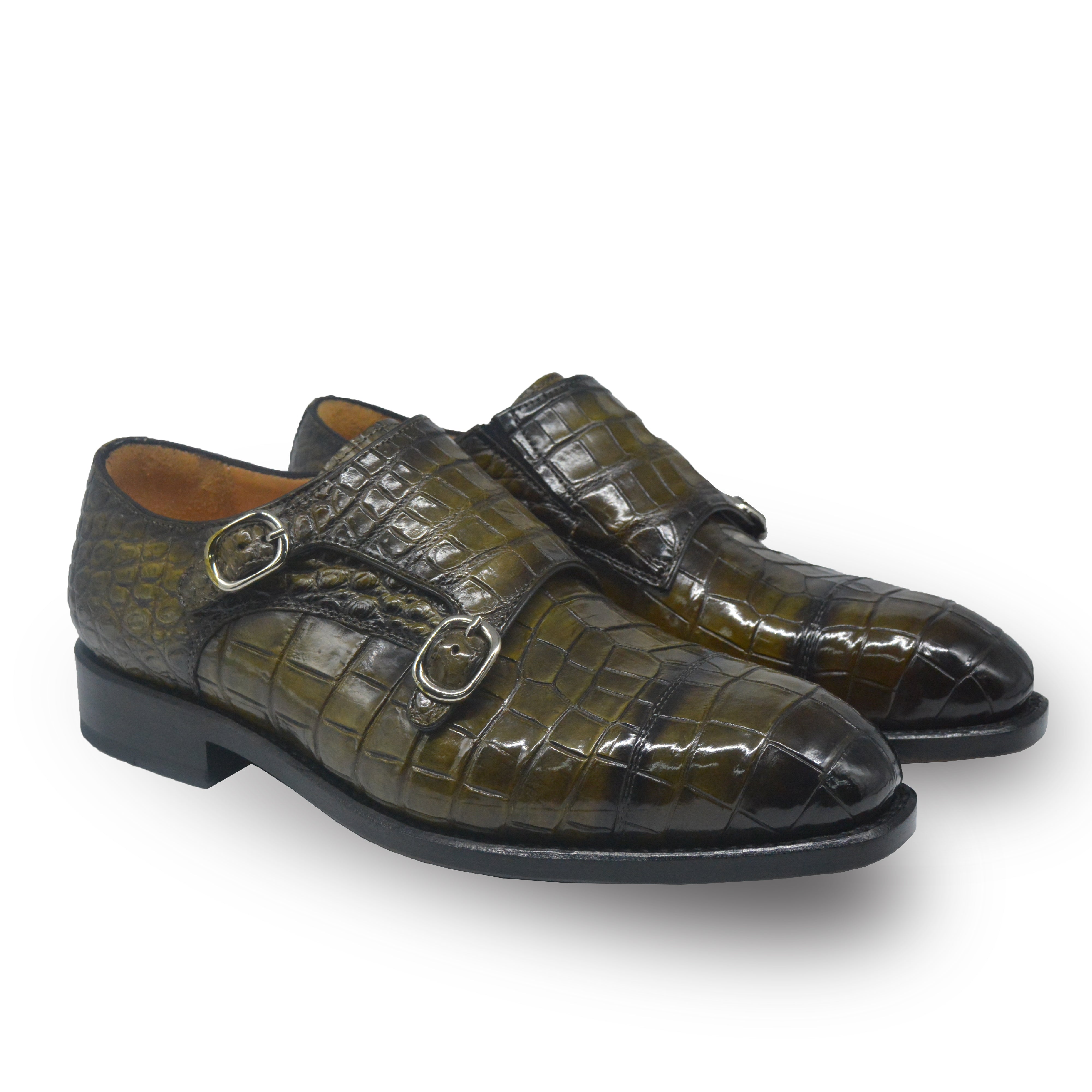 Olive Green Alligator Double Monk Goodyear Welt Loafers