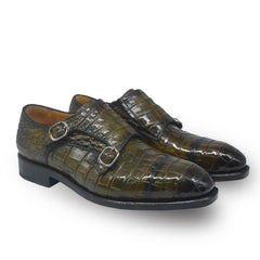 Olive Green Alligator Double Monk Goodyear Welt Loafers
