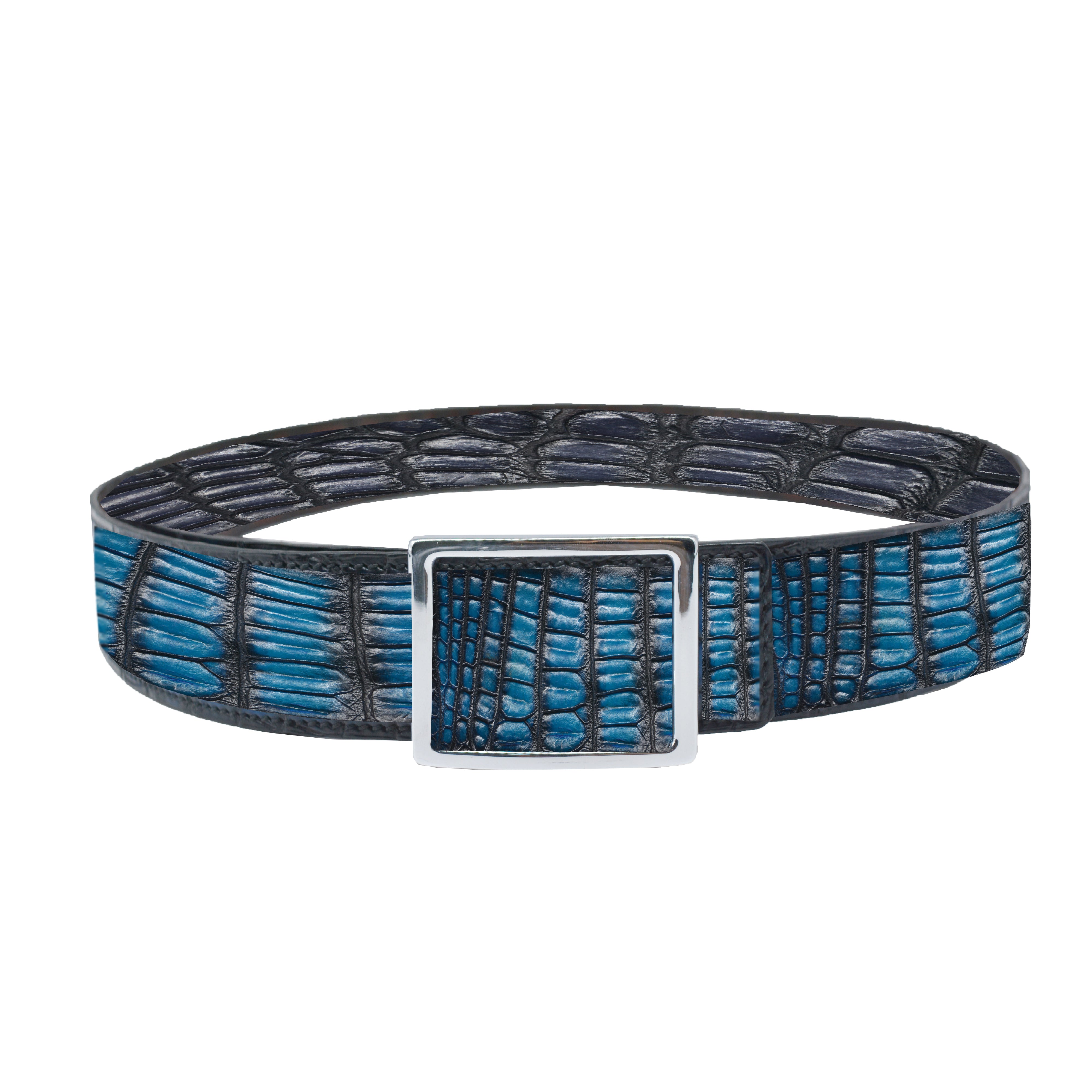 Reversible double alligator leather blue and grey belt