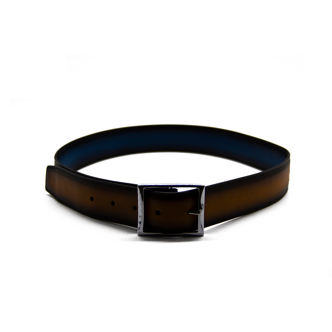 Reversible double calfskin leather brown and blue belt