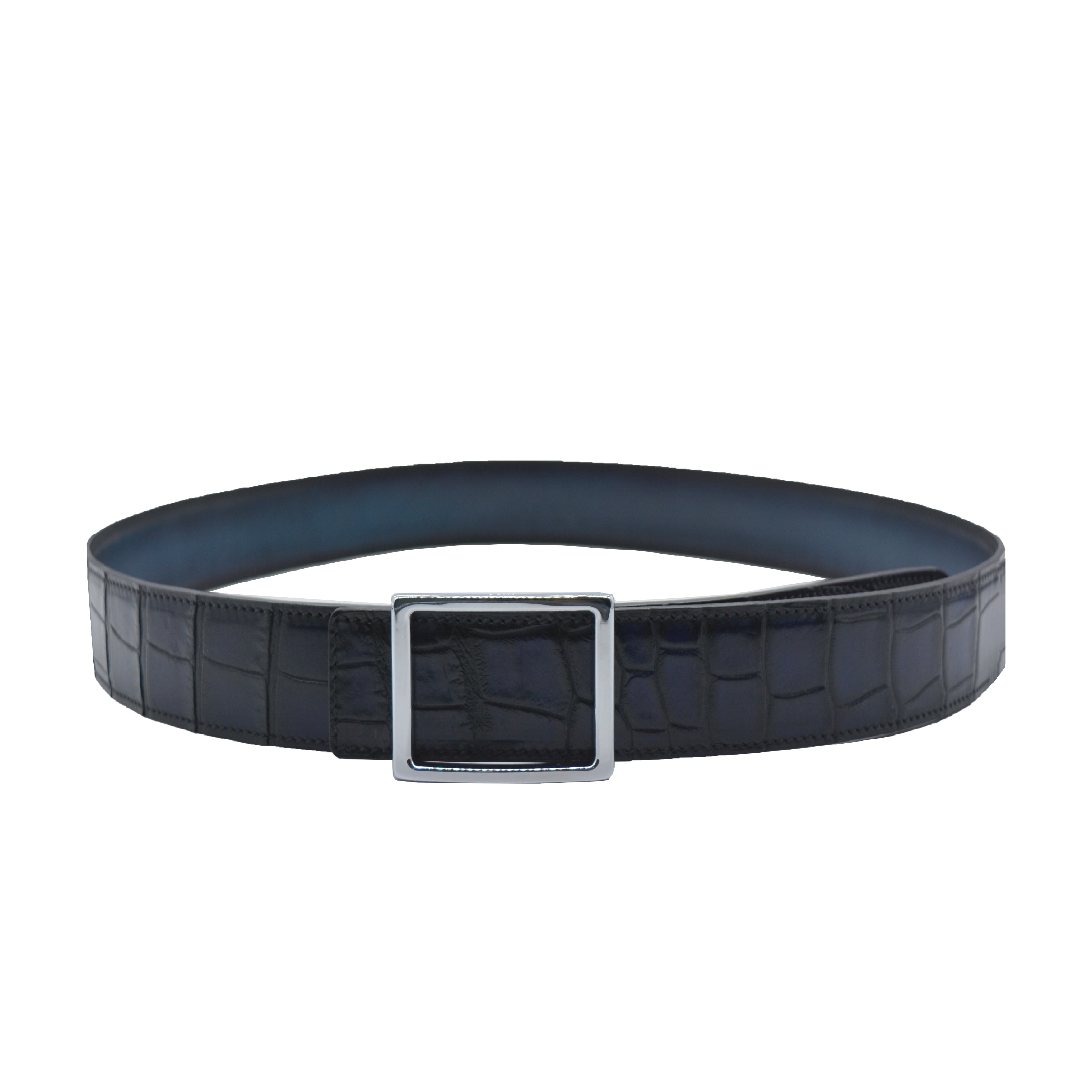 Reversible double alligator and calfskin leather blue belt