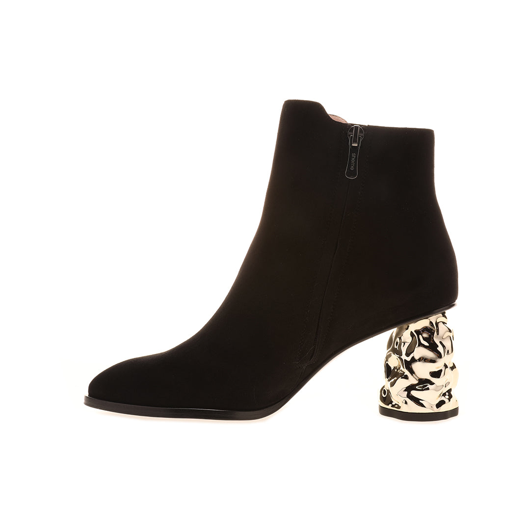 Women's brown embroidery pointed sheep reverse flee ankle boots