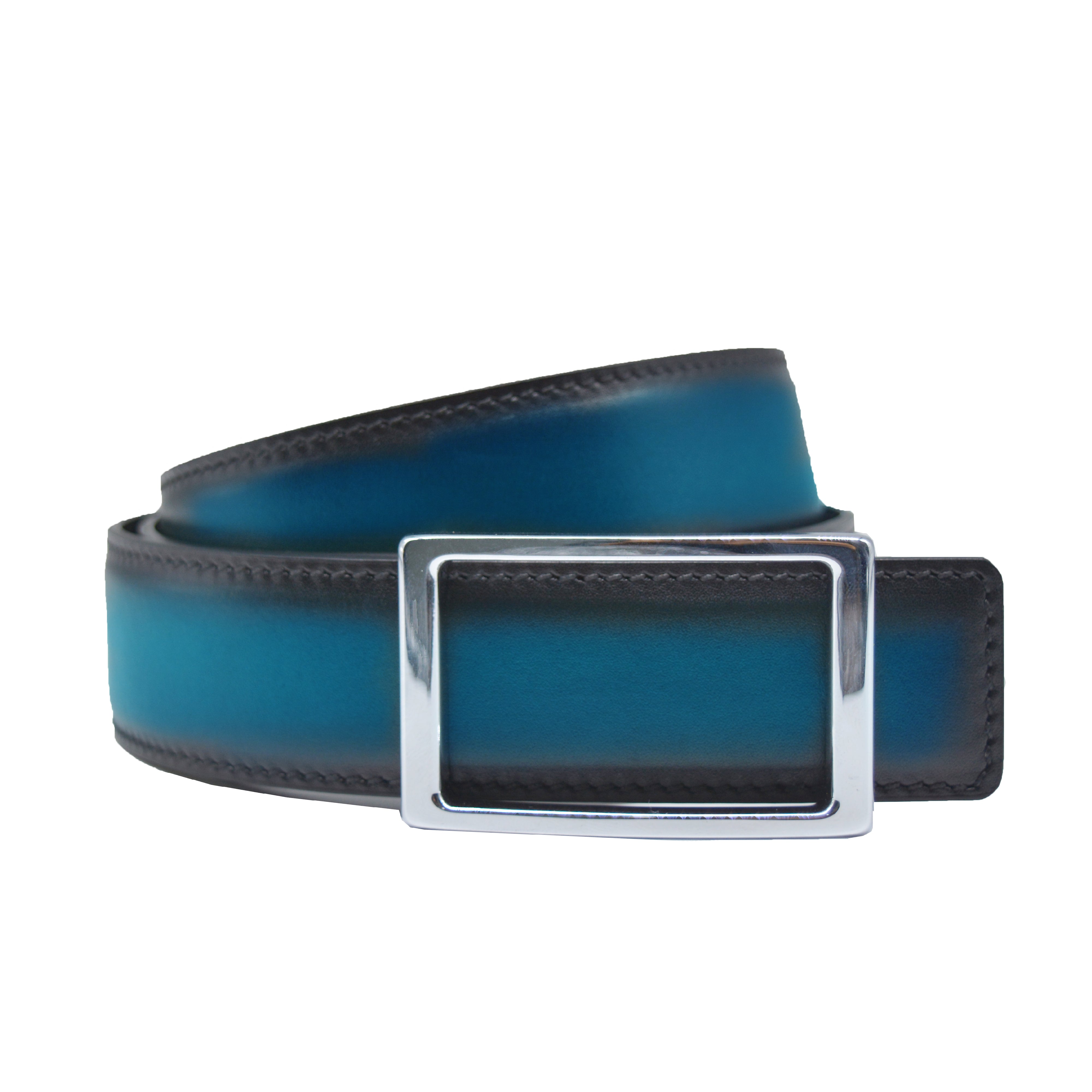 Reversible double calfskin leather Blue-green and dark purple belt