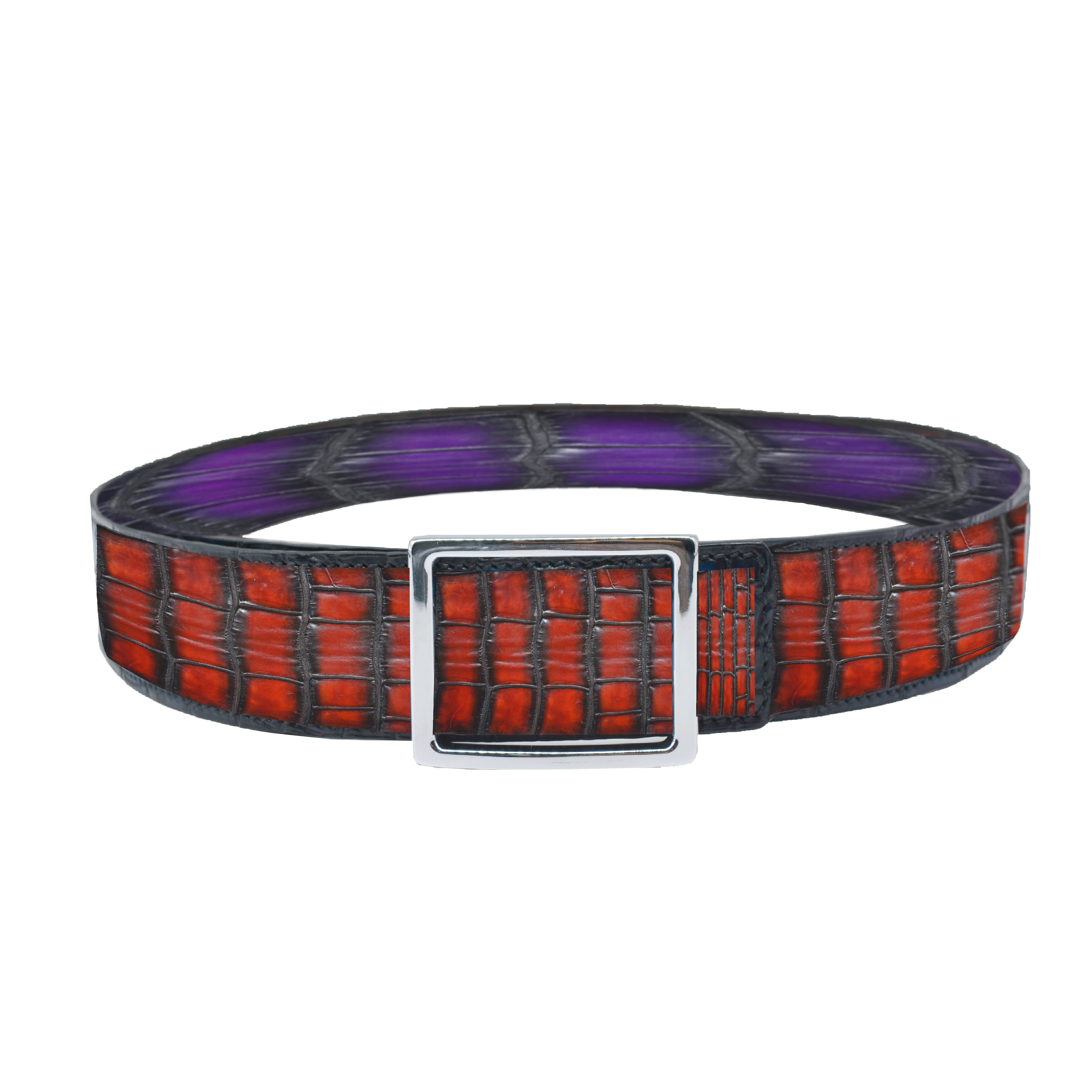 Reversible double alligator leather purple and orange belt