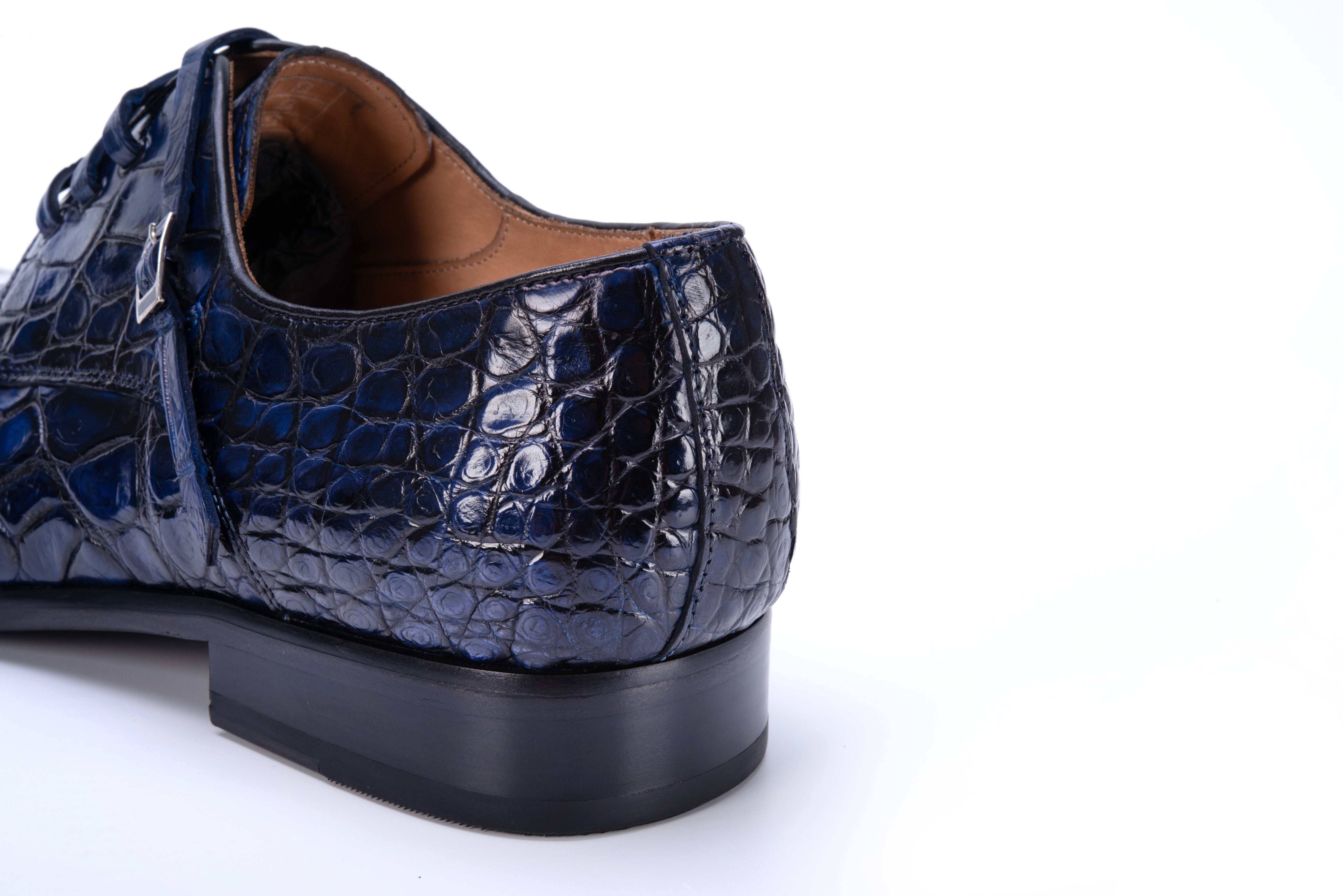 MEN'S BLUE ALLIGATOR SHOES - WONDER BLUE EXOTIC ALLIGATOR BODY OXFORDS