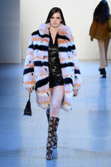 Black, Lavender, and Tangerine Striped Fox Fur Coat in Saga Furs