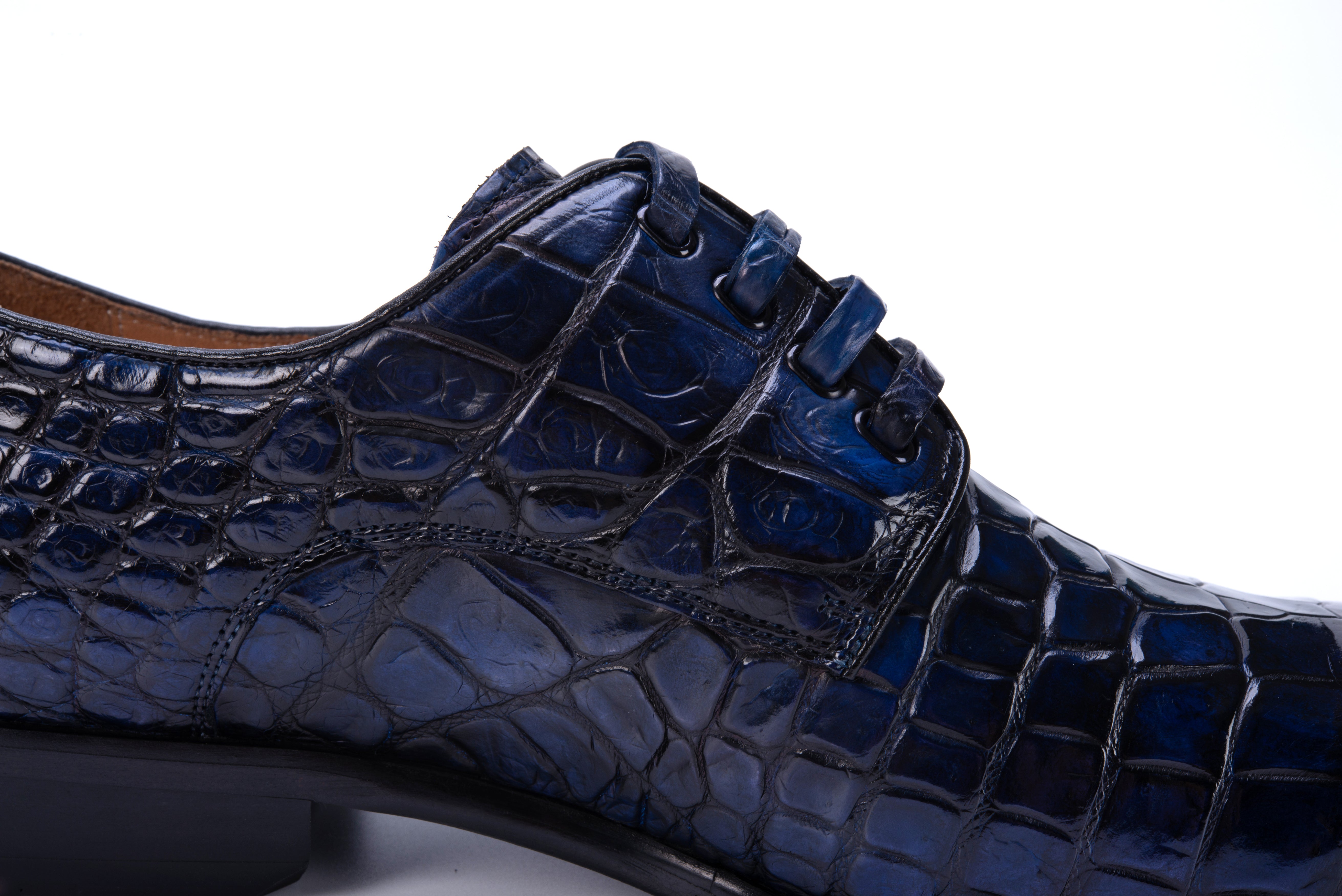 MEN'S BLUE ALLIGATOR SHOES - WONDER BLUE EXOTIC ALLIGATOR BODY OXFORDS