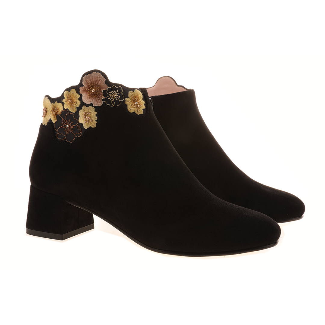Women black suede leather ankle boots|Women black embroidery suede leather pointed toe ankle boots