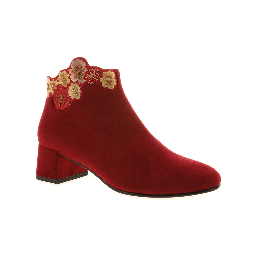 Women red suede leather ankle boots|Women red embroidery suede leather pointed toe ankle boots