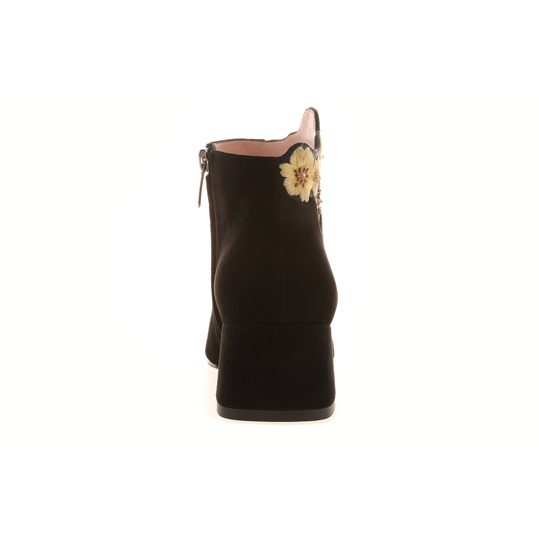 Women black suede leather ankle boots|Women black embroidery suede leather pointed toe ankle boots