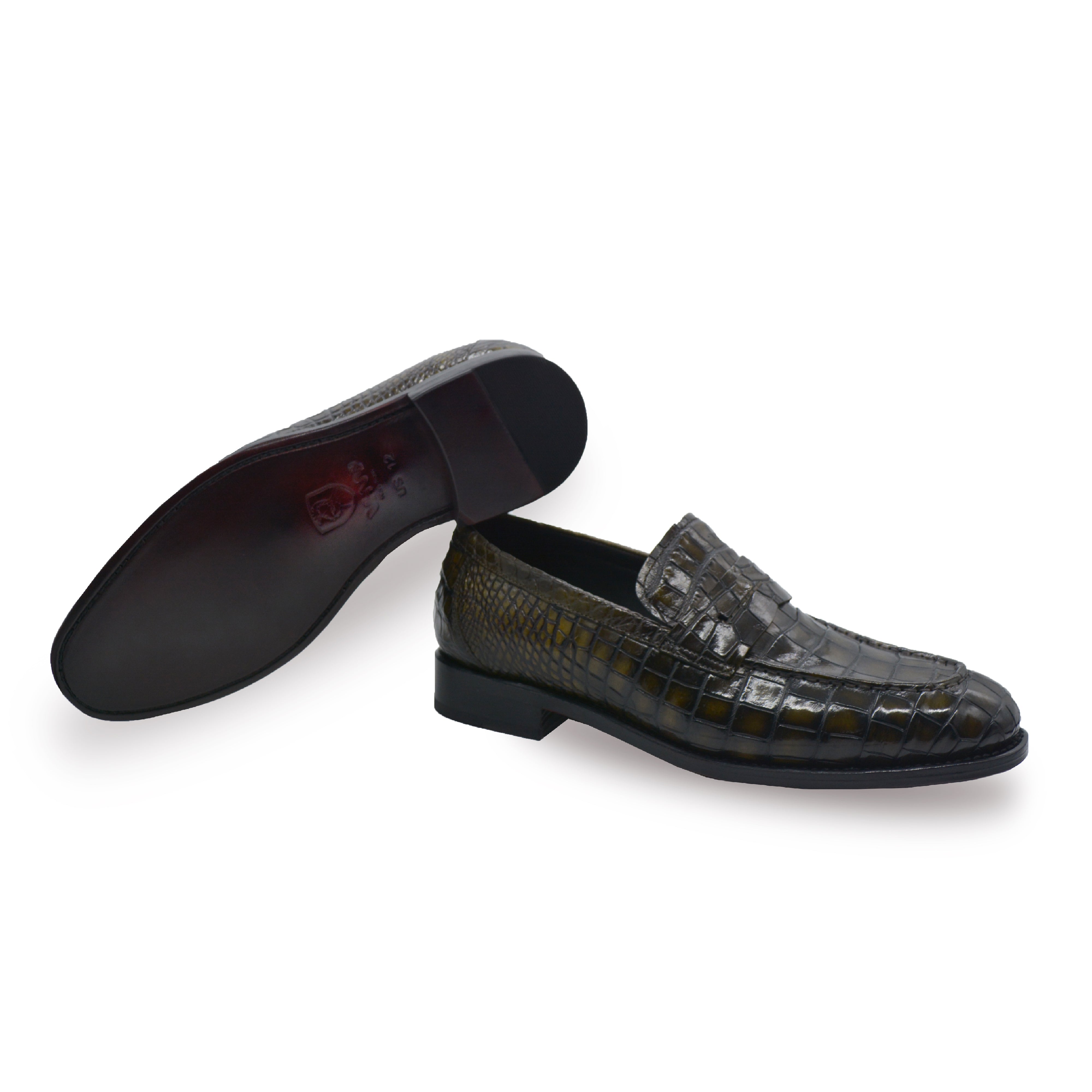 Men's alligator Black green classic penny loafers