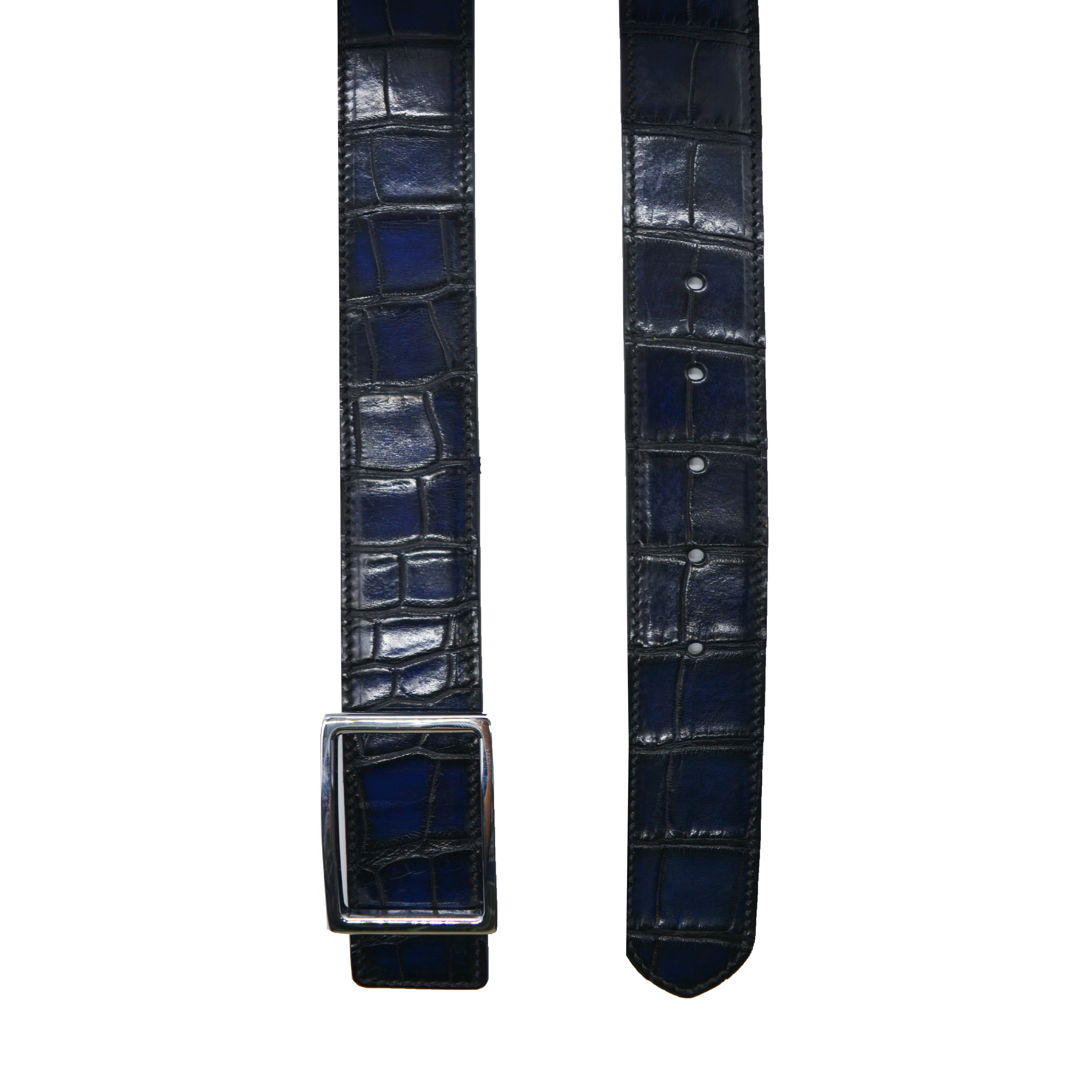 Reversible double alligator and calfskin leather blue belt