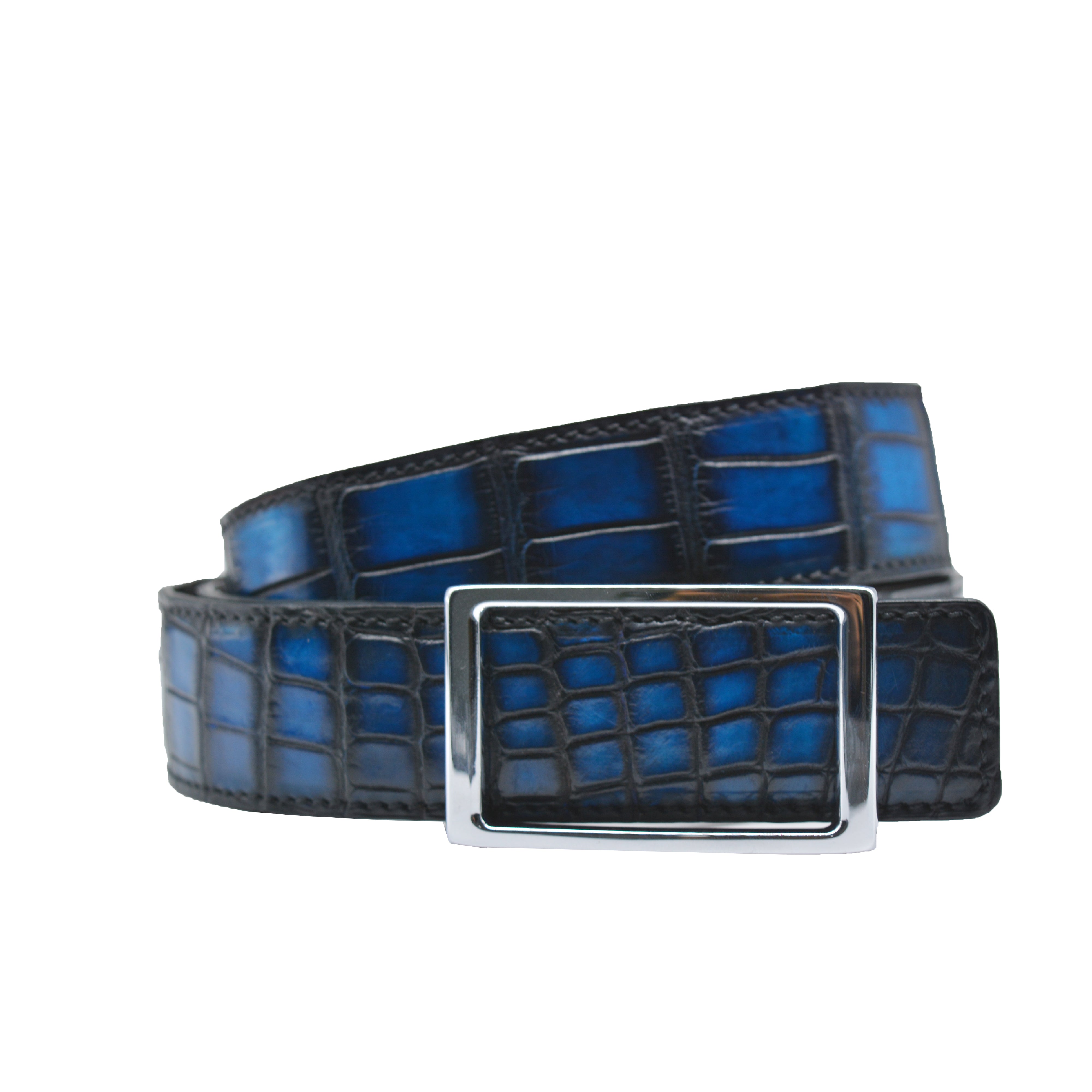 Reversible double alligator leather blue and coffee belt