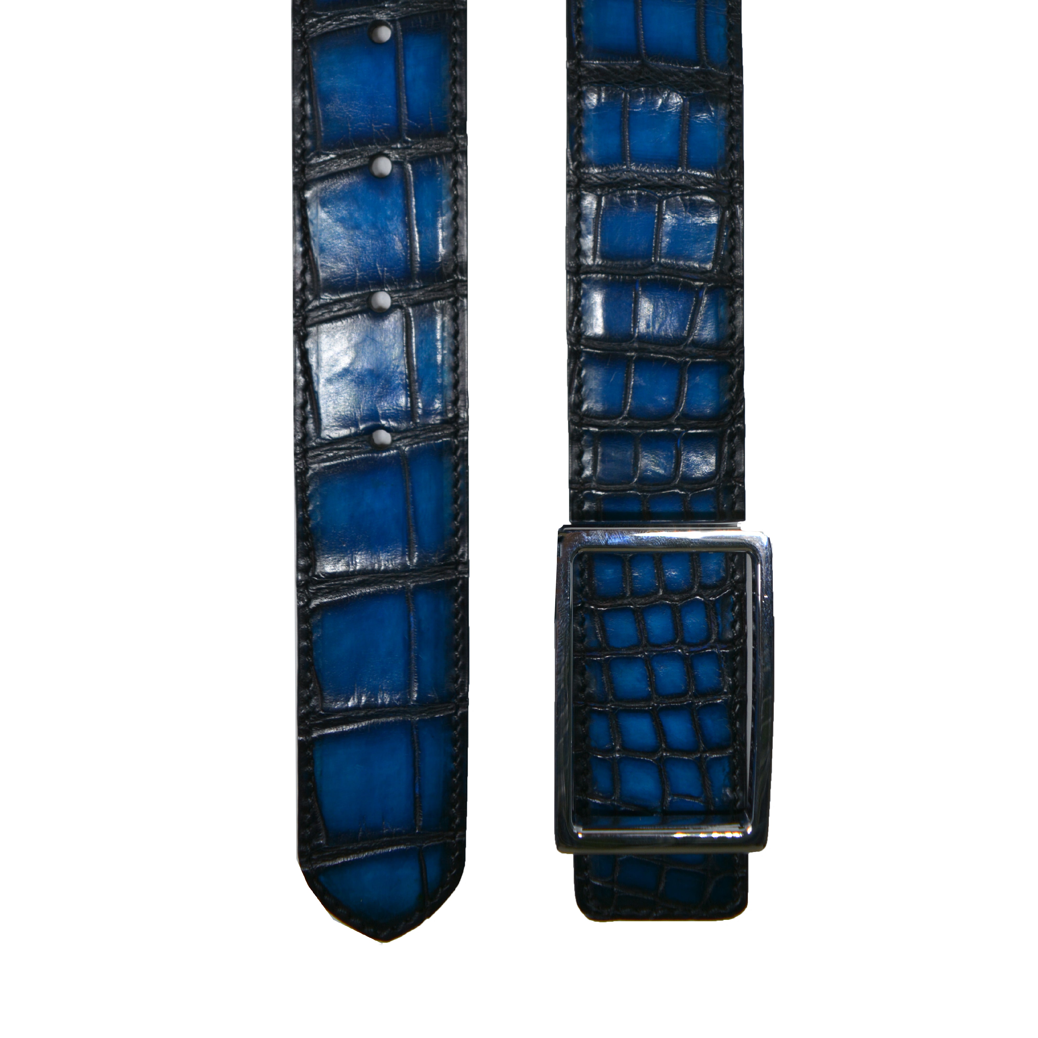 Reversible double alligator leather blue and coffee belt