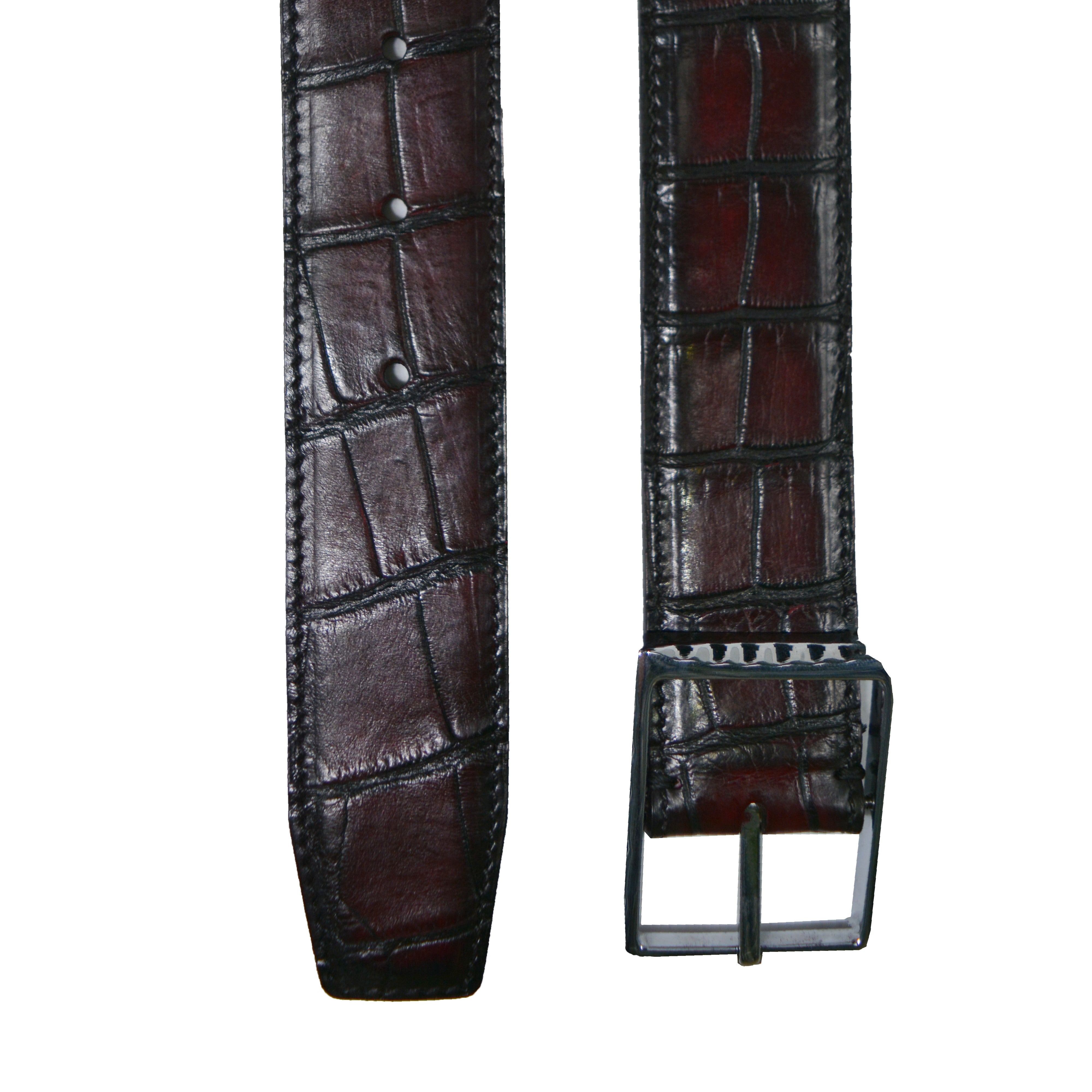 Reversible double alligator and calfskin leather brown belt