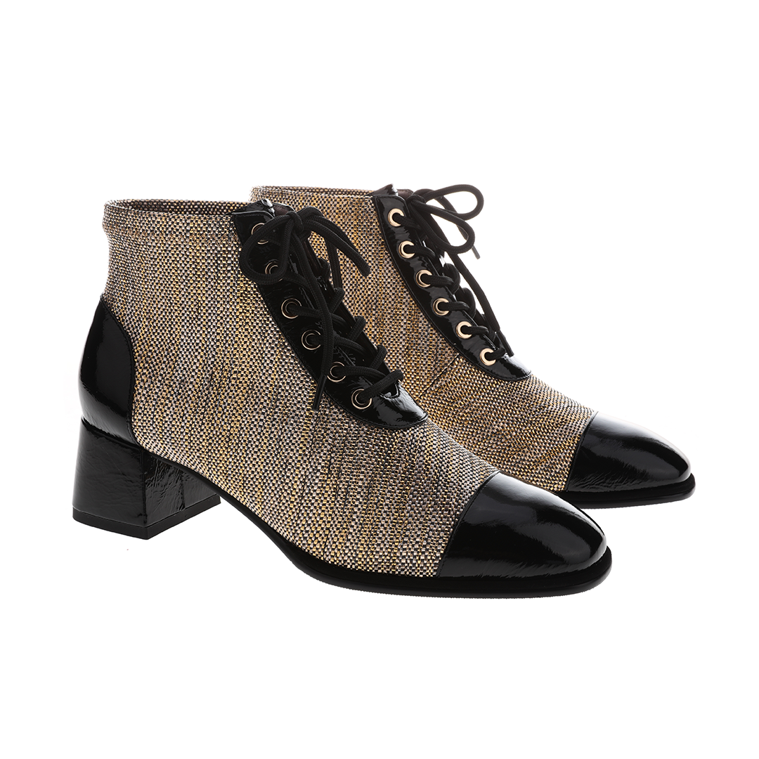 Women gold Stretch silk and kangaroo skin ankle boots|Women gold splice Stretch silk and kangaroo skin pointed toe ankle boots