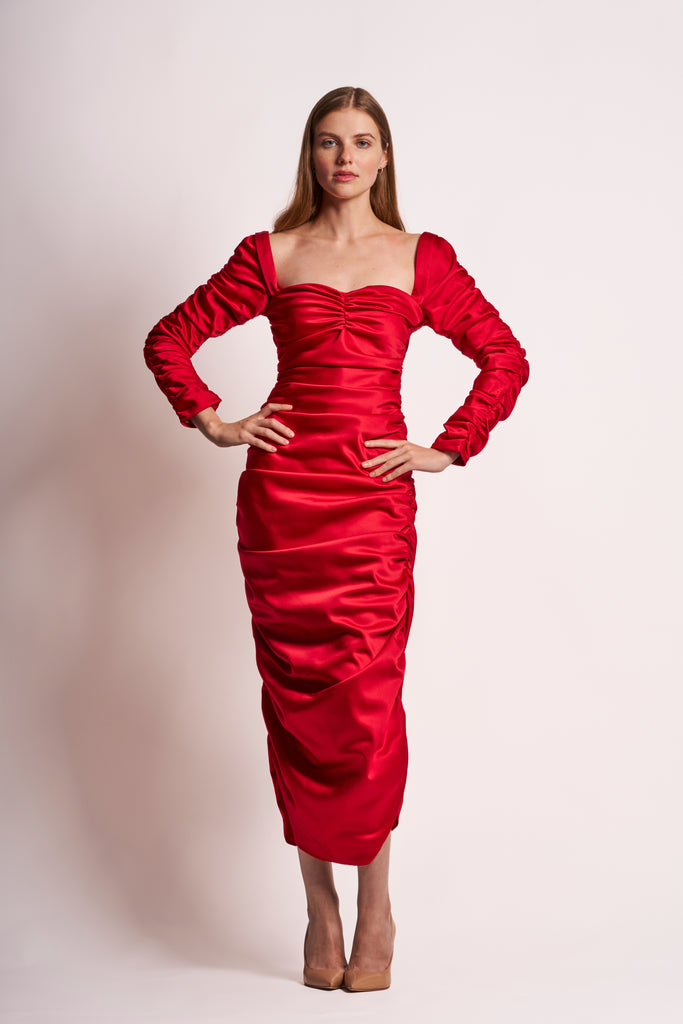 strapless open back dress Crimson Silk Satin Long-Sleeve Ruched Midi Dress 12