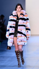 Black, Lavender, and Tangerine Striped Fox Fur Coat in Saga Furs