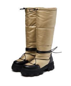 Women's brown buckskin platform knee-high boots with strap