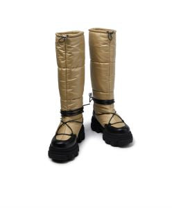 Women's brown buckskin platform knee-high boots with strap
