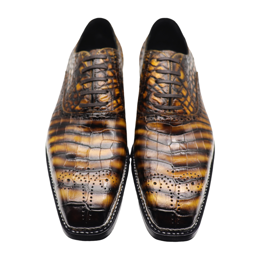 men's black orange alligator leather Oxfords |men's Norvegese Burnished black orange alligator leather Oxfords
