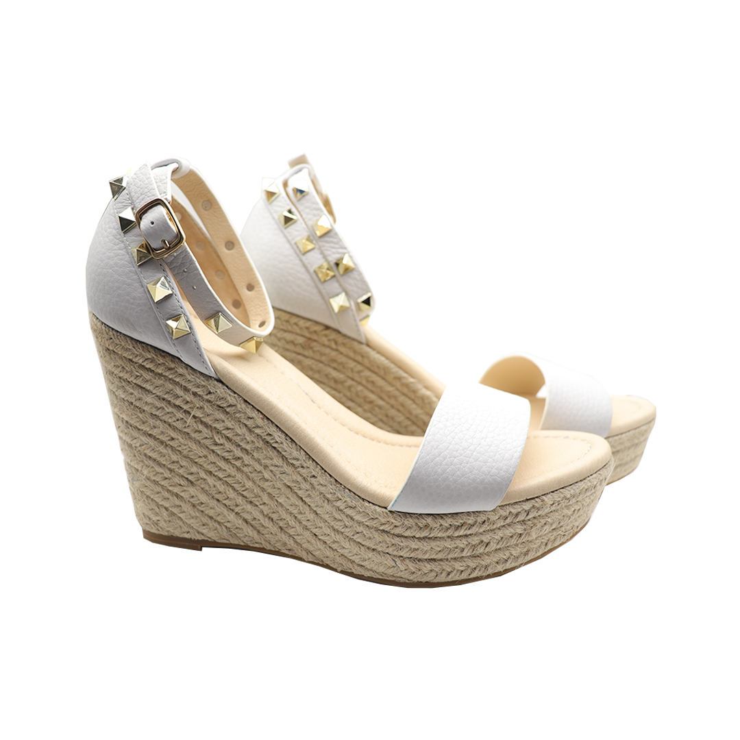 rivets band white cowhide leather espadrille wedges