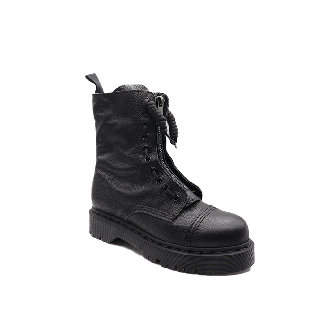 Black Cora Double Zipper Lychee Peel Leather Goodyear Welt Boots