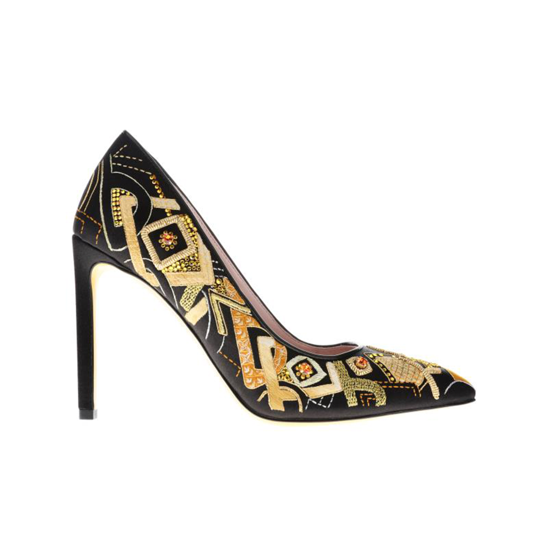 Women black silk leather heels | black embroidery silk leather heels